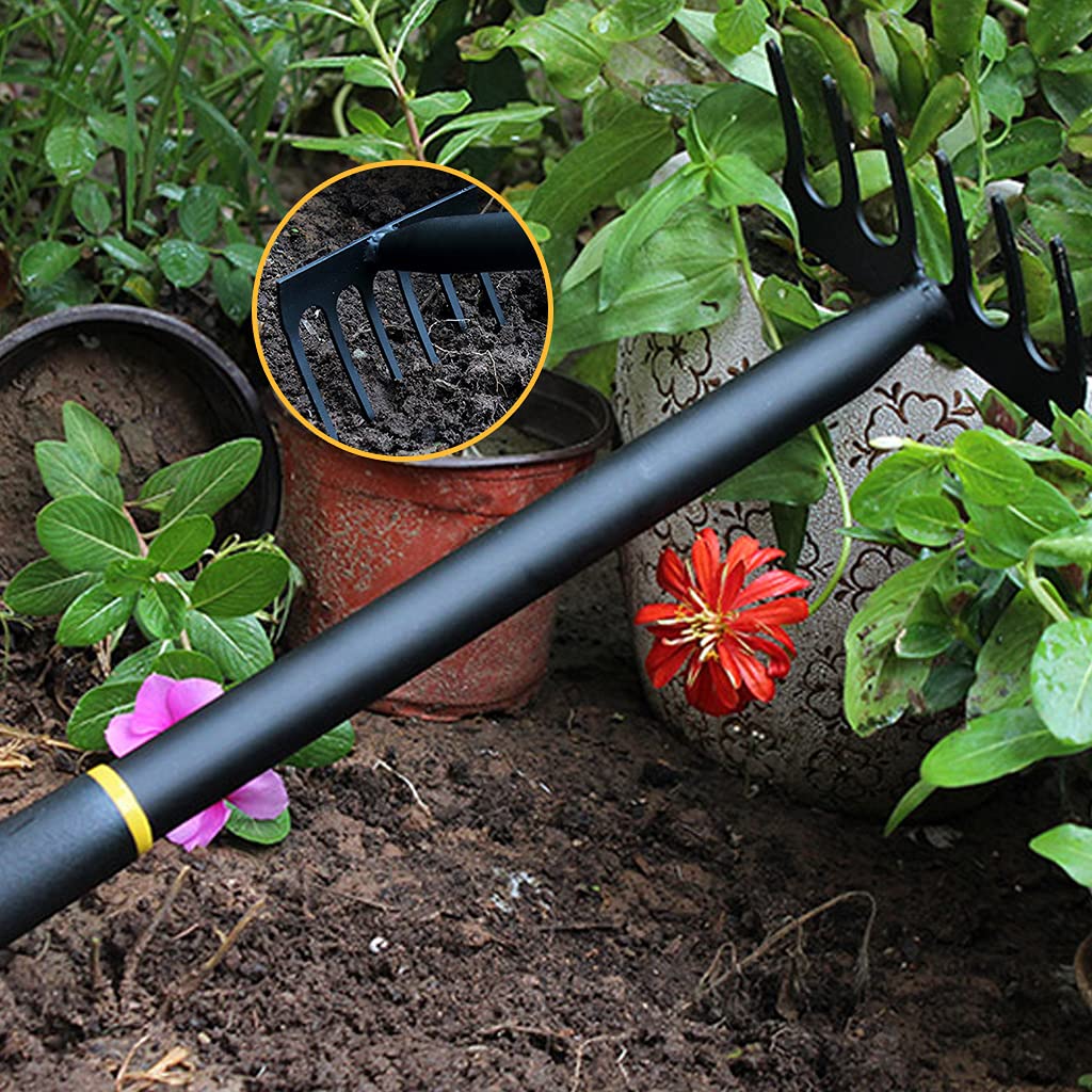 6-Tine Manganese Steel Garden Rake with Comfortable Grip - Durable Black Hand Rake & Small Tiller Tool for Weeding, Soil Aeration, and Garden Maintenance