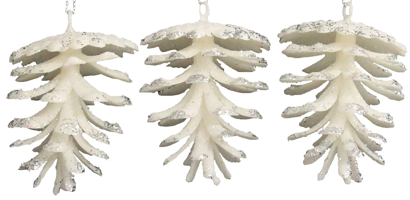 3 Pack/4 Pack Silver & White Glitter Pine Cone Ornaments - Christmas Tree Decorations, Holiday Party Decor, Winter Home Decor
