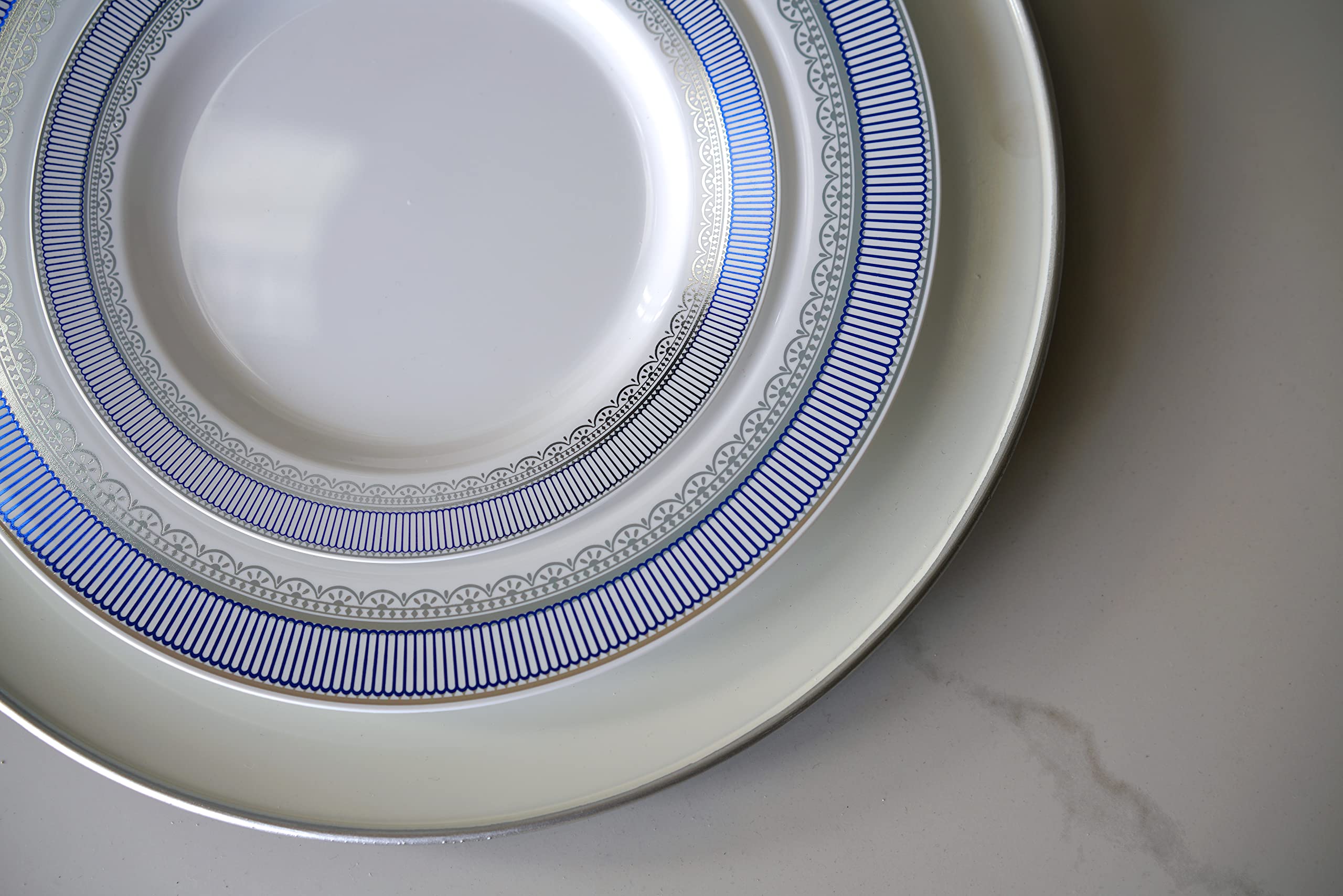 60-Pack Heavyweight Disposable Plastic Plates for Weddings & Parties - 7.5'' Appetizer/Dessert Plates in Louvre White/Blue & Silver - Perfect for Catering, Birthday Celebrations & Formal Events