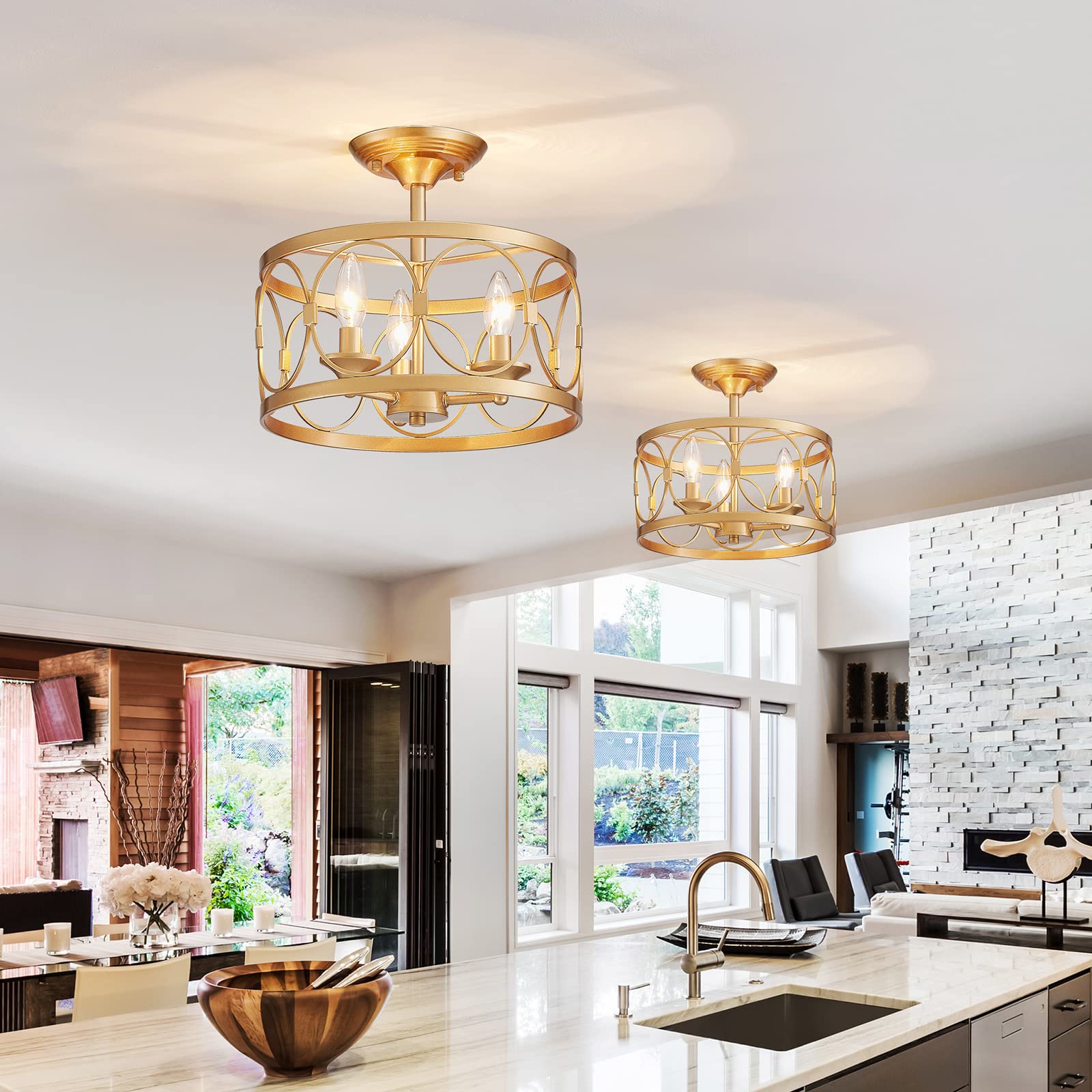 LOOYD 3-Light Semi Flush Mount Ceiling Fixture - Farmhouse Style Gold Lighting for Kitchen, Bedroom, Living Room & Hallway - Perfect for Rustic Home Decor & Cozy Ambiance