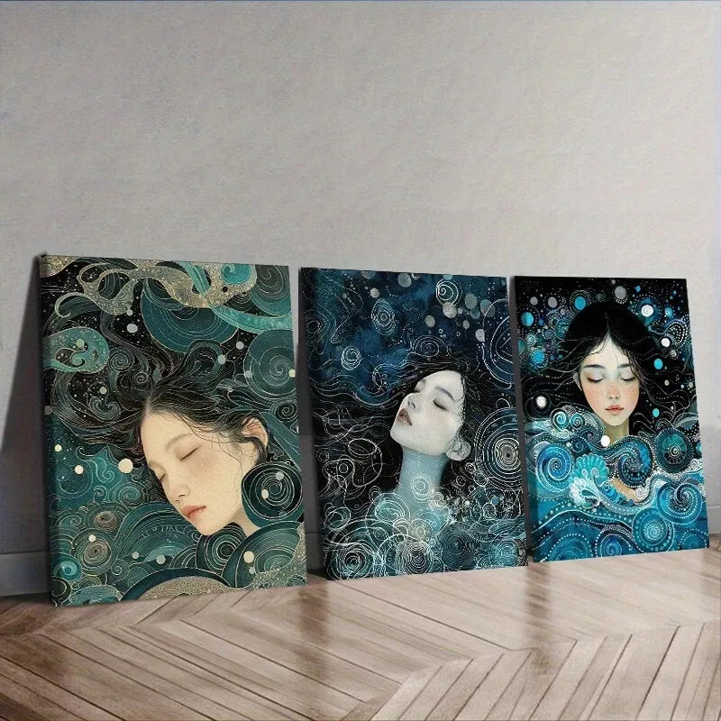 3-Piece Sea Goddess Art Deco Blue Background Wall Art Set - Framed Canvas 40x60cm (16x24in) - High Quality Print - 100% Australian Made - Ready to Hang - Perfect for Living Room, Bedroom & Office Decor