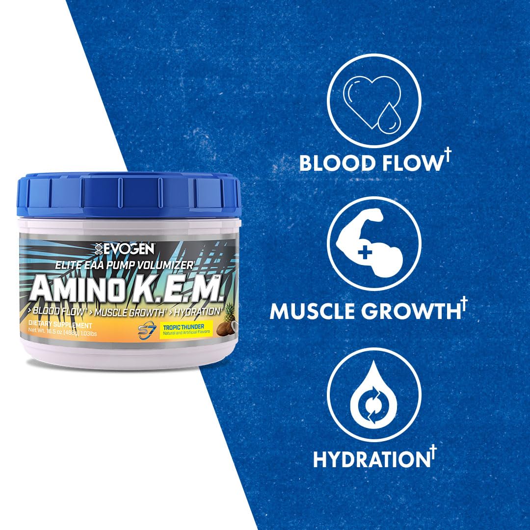 Evogen Amino K.E.M. - EAA & BCAA Powder Pump Volumizer Supplement for Muscle Growth, Blood Flow & Hydration | Tropic Thunder Flavor | 30 Servings | Pre-Workout & Post-Workout Recovery Drink for Athletes & Fitness Enthusiasts