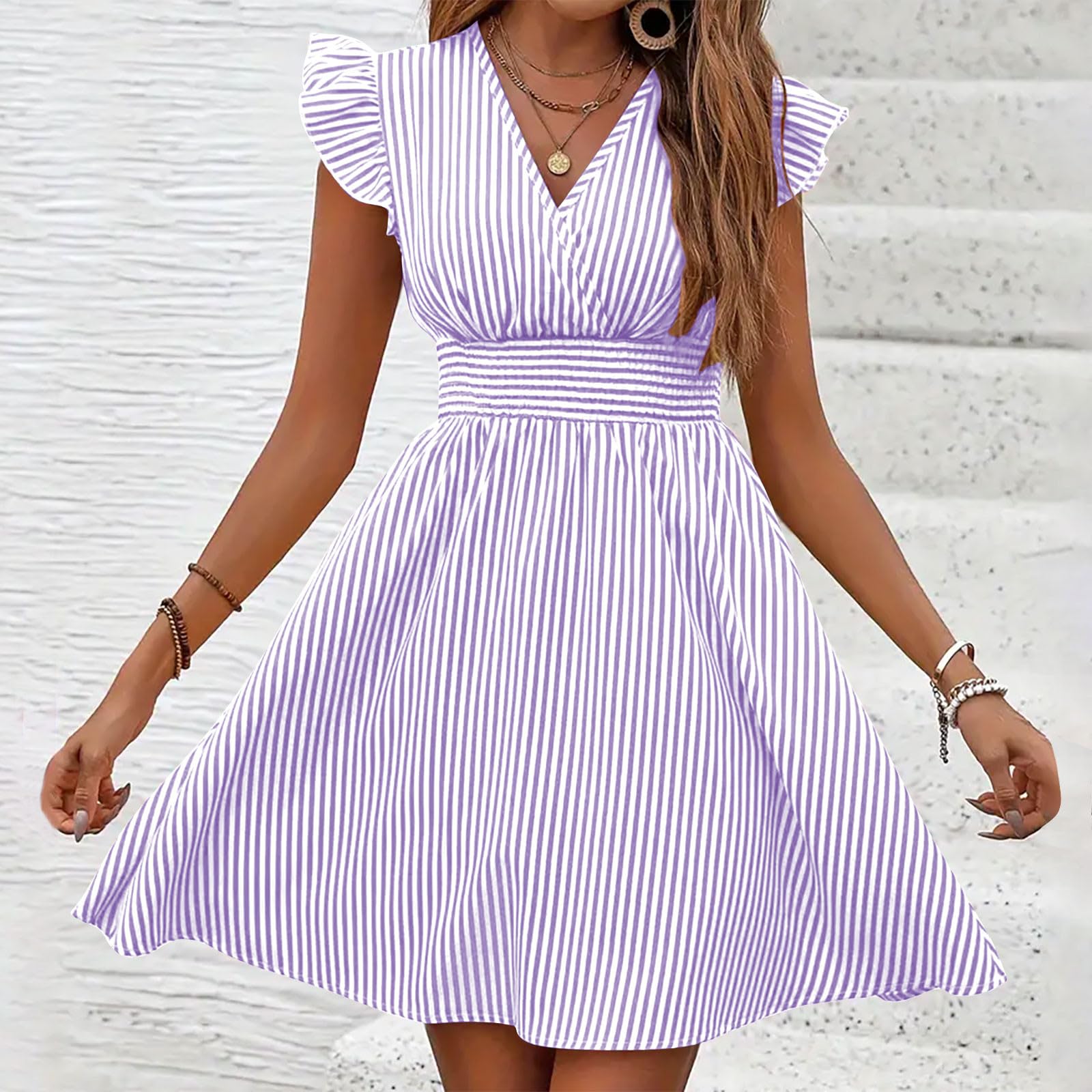Elegant V-Neck Ruffled Sleeve Knee-Length Wedding Guest Dress for Women - Solid Color Formal Sundress with Elastic Waist | Perfect for Bridal Showers, Garden Parties & Summer Weddings