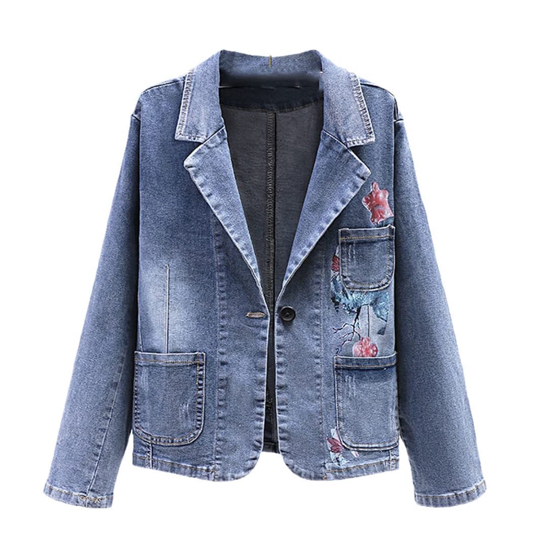 Vintage Floral Printed Denim Blazer for Women - Korean Autumn Loose Fit Jacket - Perfect for Casual Outfits, Office Wear & Fall Fashion