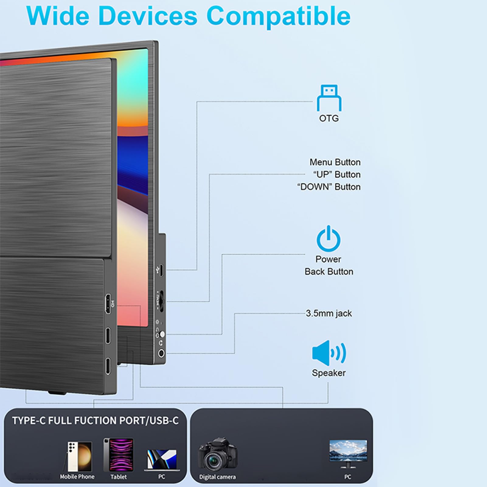 13.3 Inch Portable FHD 4K Monitor with 100% sRGB - Ultra Slim Travel External Display for Laptop, PC, Phone, Tablet & PS5 - Includes HDMI, USB-C & Power Cables - Perfect for Gaming, Work & Entertainment On-The-Go
