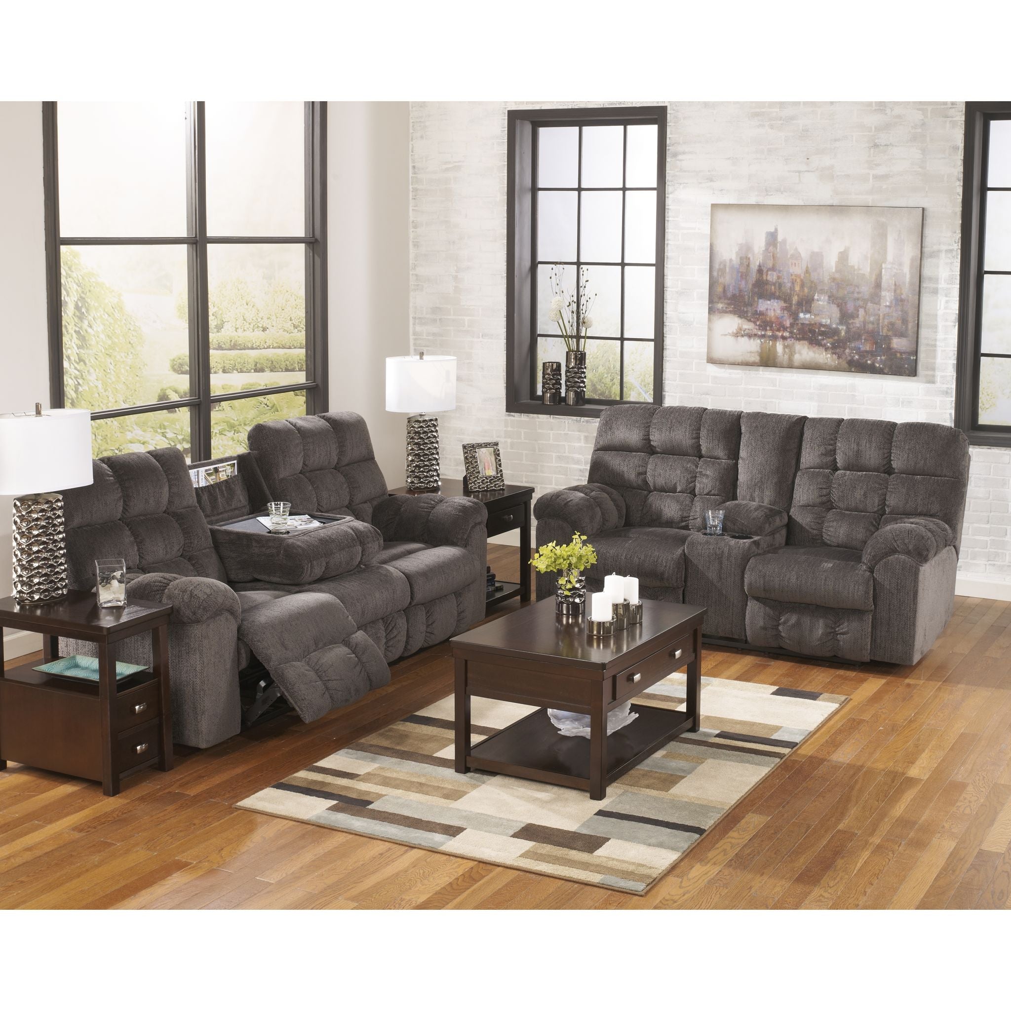 Acieona Reclining Loveseat with Console in Slate - Modern Small Space Living Room Furniture for Couples, Apartments & Cozy Spaces