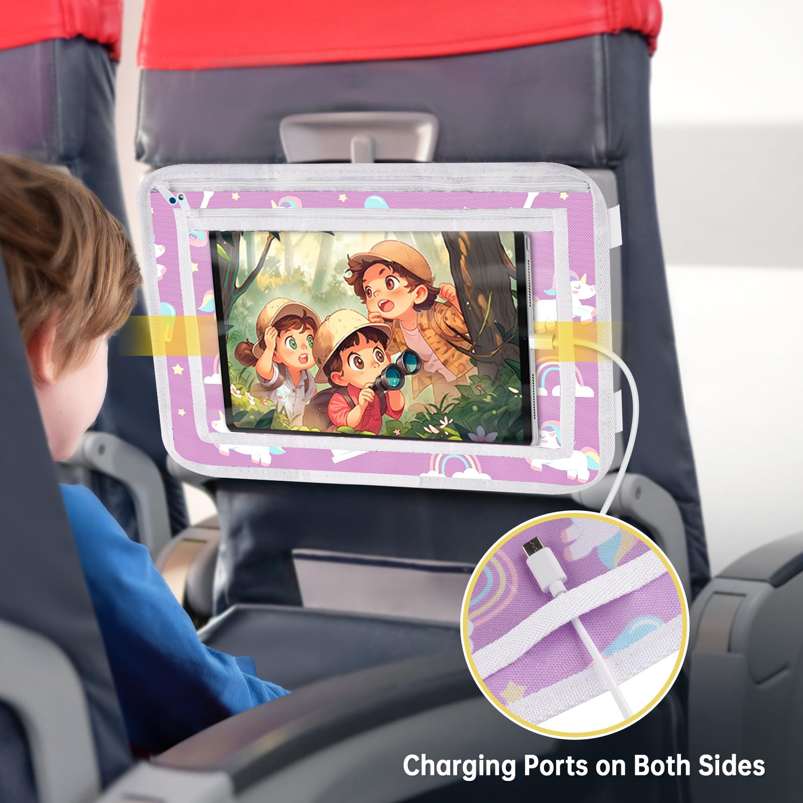 Foldable Travel Tray for Kids - Airplane Car Seat Organizer with Tablet Holder & Storage Pockets | Space-Saving Multifunctional Design Converts to Table Cover | Perfect for Road Trips, Flights & Home Use (Pink)