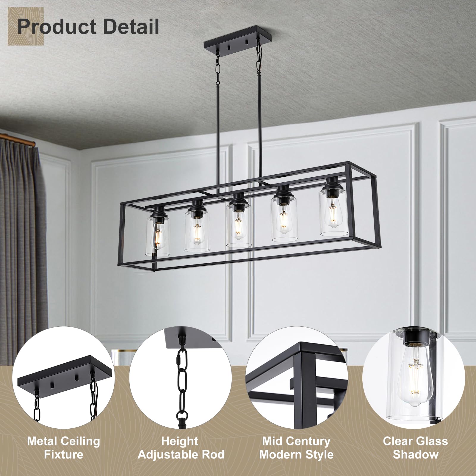 Black Farmhouse 5-Light Chandelier with Clear Glass - Kitchen Island Lighting & Dining Room Ceiling Fixture - Perfect for Farmhouse, Rustic, and Modern Dining Areas