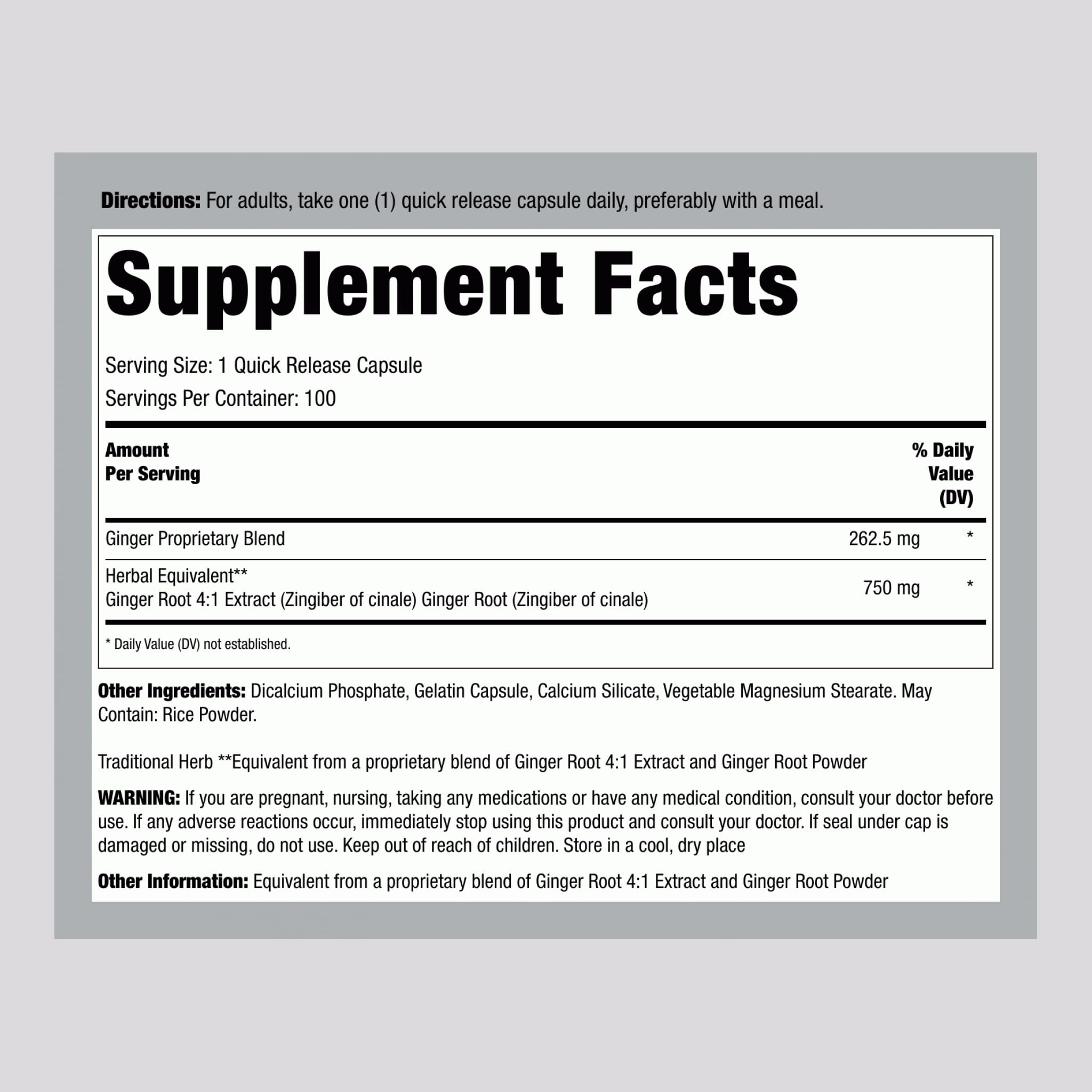 Lindberg Ginger Root Capsules 750mg | 100 Count | Non-GMO, Gluten Free Dietary Supplement | Supports Digestion & Nausea Relief | Perfect for Travel, Morning Sickness & Motion Sickness