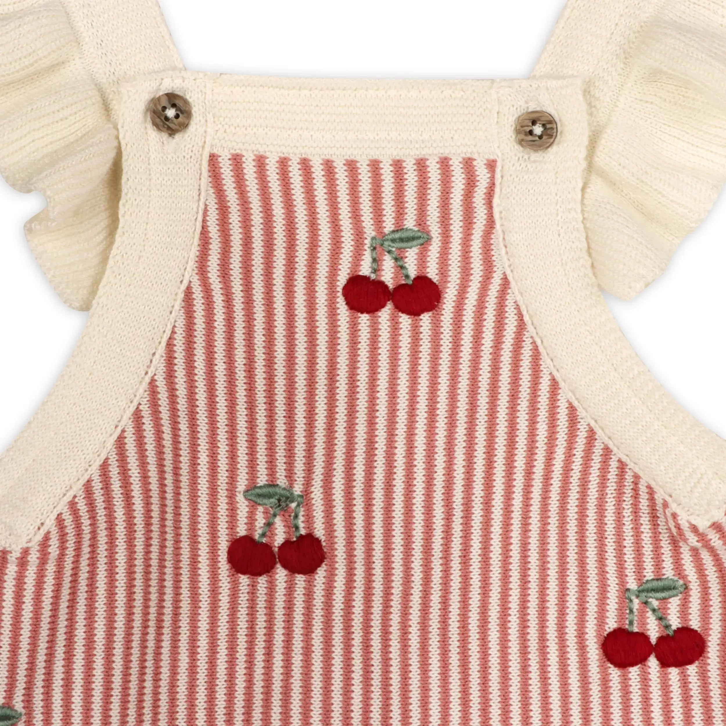 Viverano Organic Embroidered Ruffle Romper Set for Baby Girls - Cherry Stripes Design | Soft Cotton Outfit for Newborn, Infant & Toddler | Perfect for Photoshoots, Parties & Everyday Wear