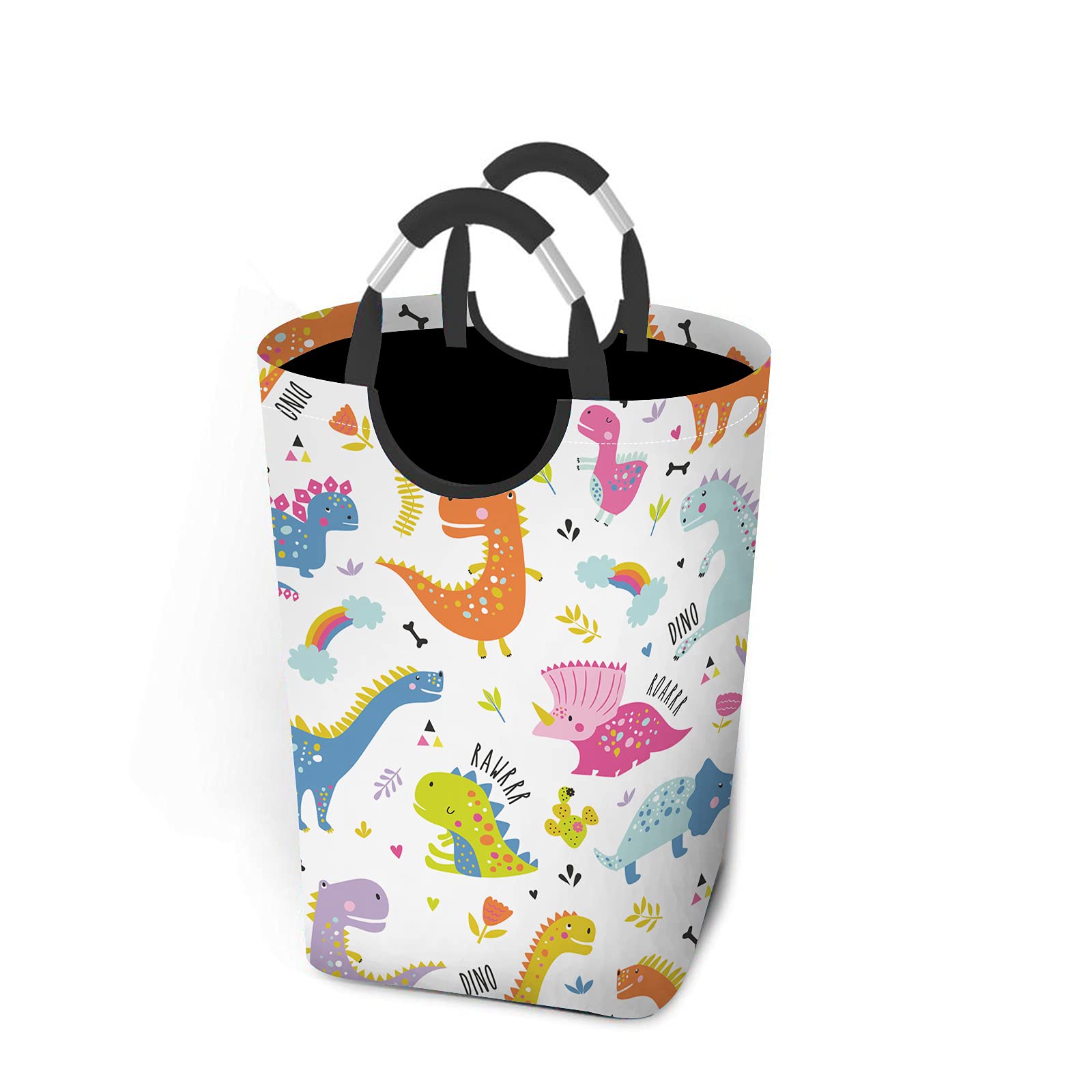 Colorful Dinosaur Laundry Hamper - Foldable Washing Bin with Aluminum Handle, Rainbow Dino Floral Heart Storage Basket for Bathroom, Dorm & Closet (Square) | Perfect for Kids Room, Nursery & Jurassic-Themed Decor