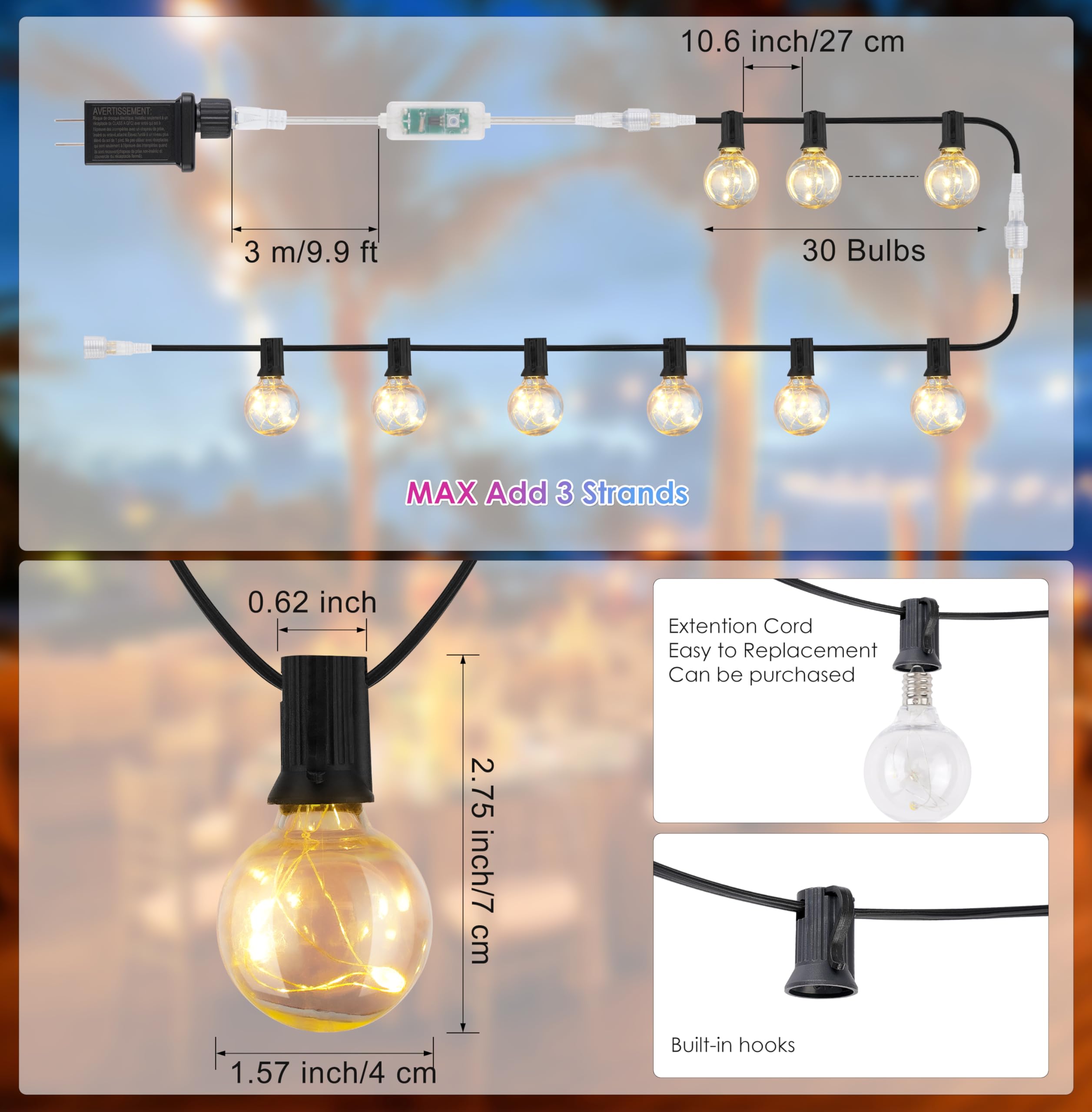 OMIKA 33Ft LED Outdoor String Lights - Waterproof G40 Patio Lights with 30+2 Bulbs (Warm White & RGB), Connectable Hanging Lights with Remote & Timer - Perfect for Garden, Porch, Yard, Party, Wedding Decorations