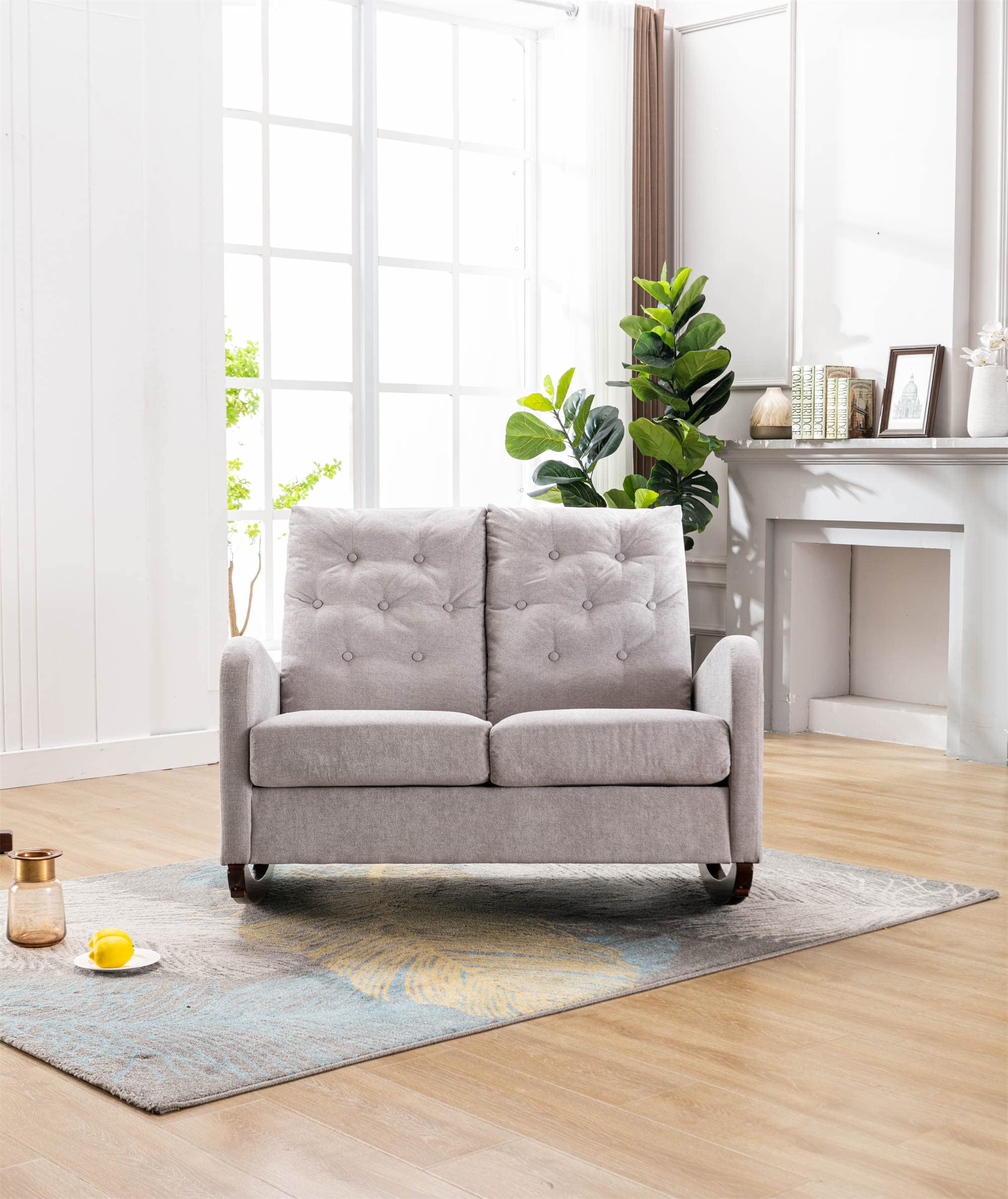 Vintage Upholstered Rocking Sofa with Side Storage Pocket & Fabric Padded Seat - High-Back Porch Rocker, Nursery Rocking Chair with Solid Wood Base - Perfect for Living Room, Nursery, Porch & Patio - Light Gray Accent Sofa