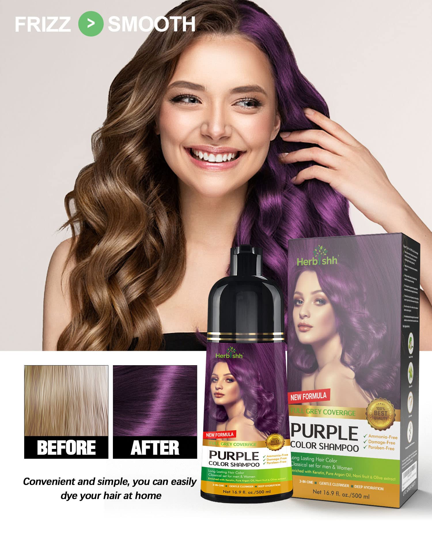 Herbishh Purple Hair Color Shampoo for Gray Hair - 500ml with Hair Thickening Serum Trio | Vegan, Lightweight Formula | Covers Grays & Adds Volume | Perfect for Home Hair Care & Salon-Quality Results