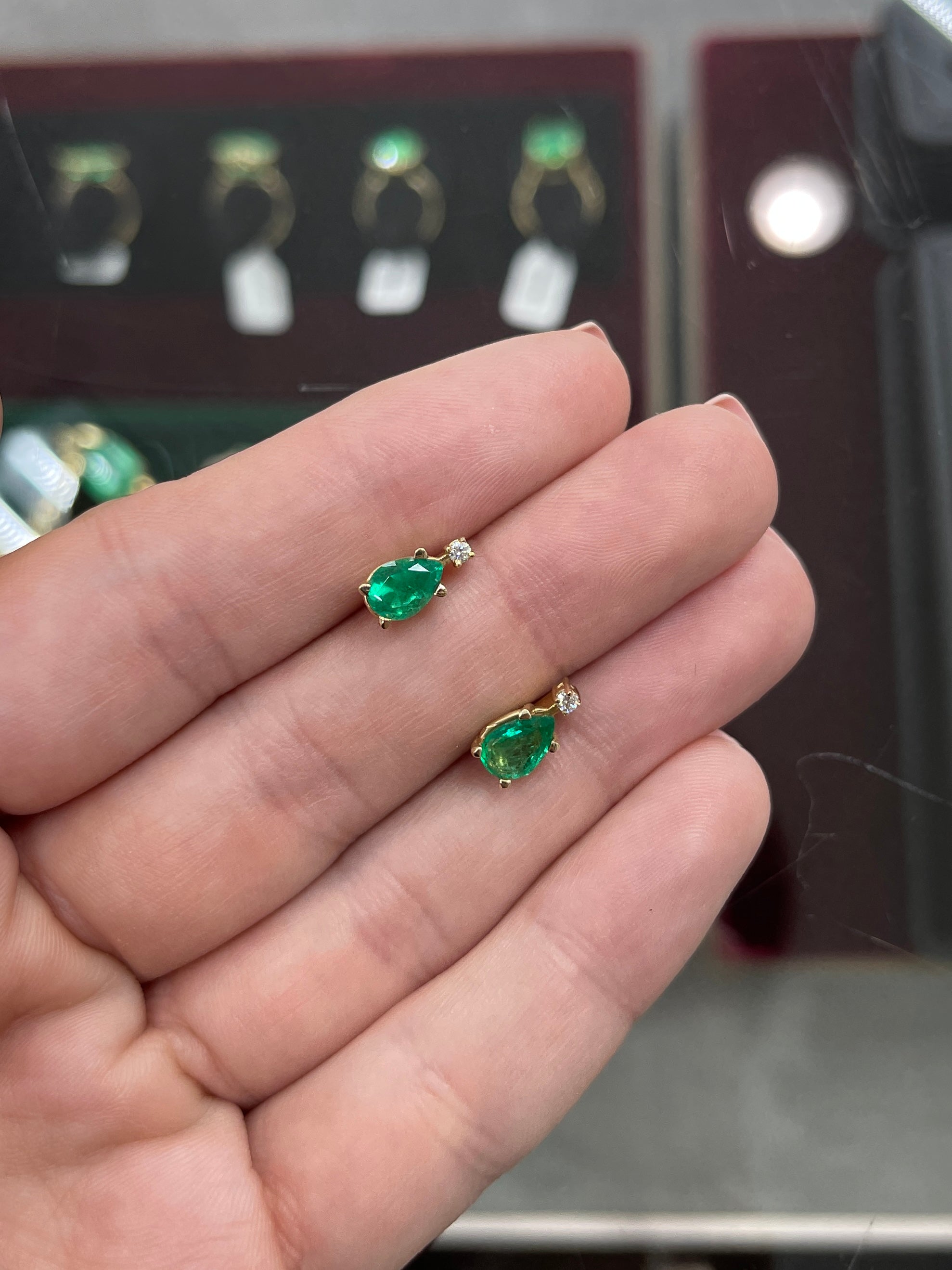 1.41tcw 14K Gold Colombian Emerald and Diamond Stud Earrings - Pear Cut Natural Gemstone Jewelry for Women, Perfect for Weddings & Special Occasions