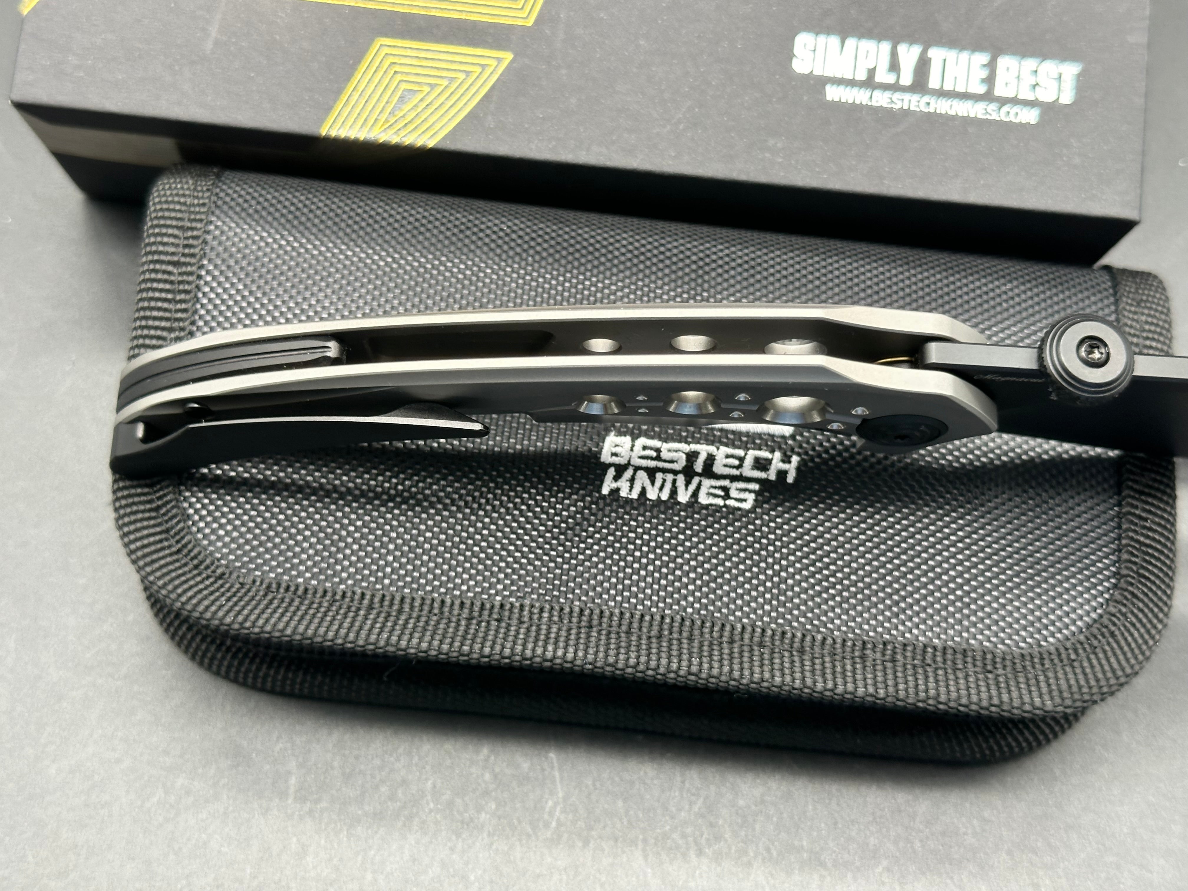 Bestech Kombou Folding Knife - Razon/Grey Slotted Titanium Handle, Upswept Blackwash Magnacut Blade - EDC, Outdoor Camping & Survival Tool