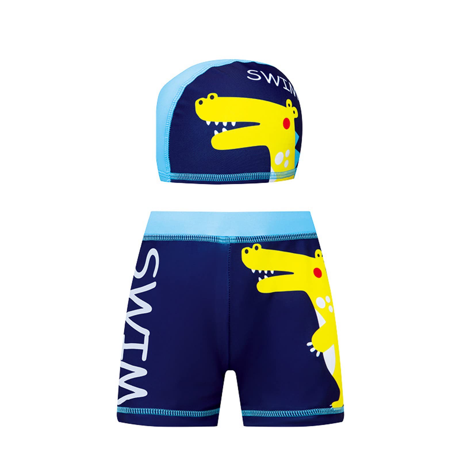 Dinosaur Print 2-Piece Toddler Boys Swim Set - Rash Guard & Swim Trunks with Matching Cap | UV Protection Swimwear for Beach, Pool & Water Play