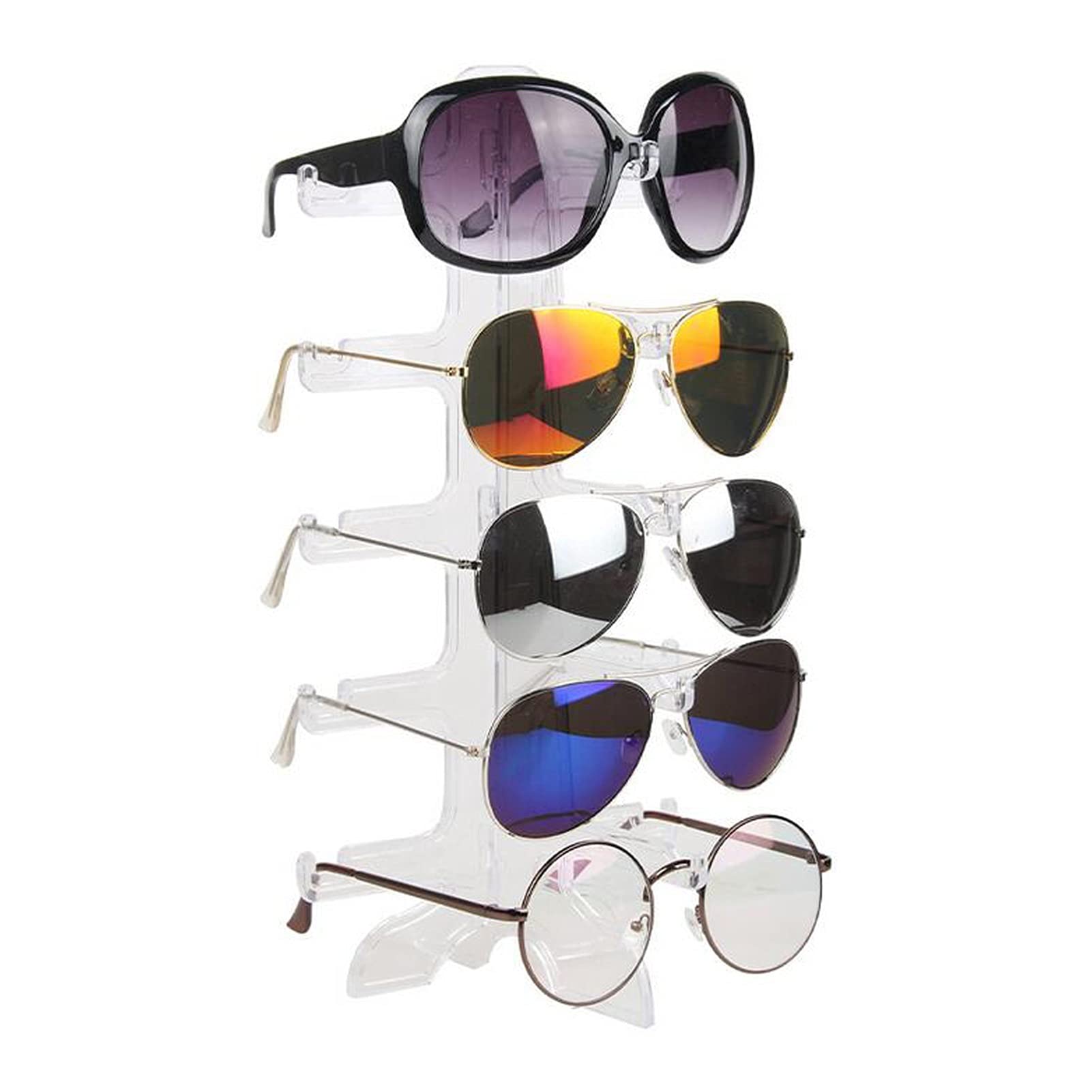 IAOHUO 5-Tier Clear Plastic Sunglass Display Stand - Eyeglass Jewelry Organizer for Necklaces & Pendants - Perfect for Retail Stores, Boutiques, and Home Organization (Transparent Holder)