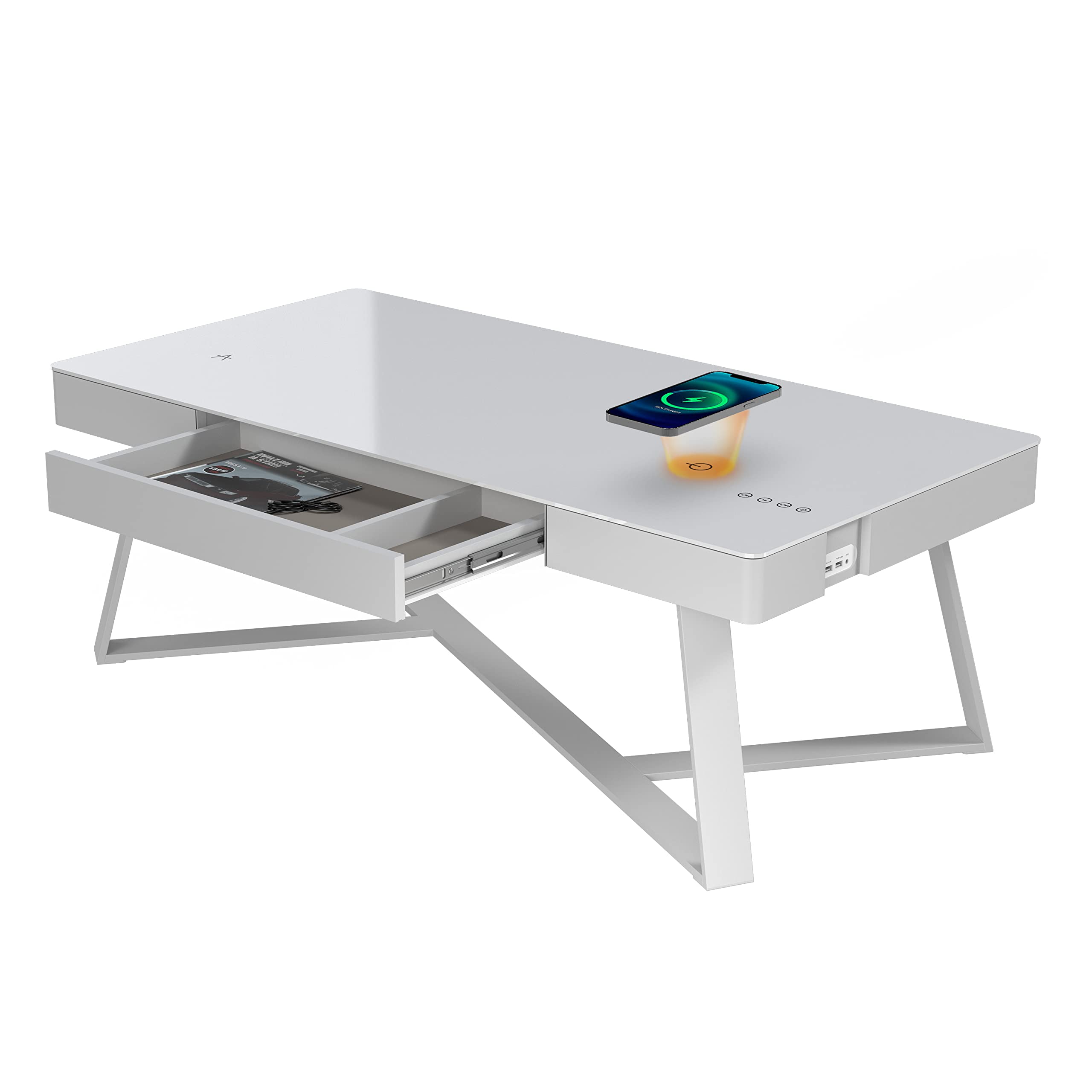 ATLASIO Modern Coffee Table with Built-in Bluetooth Speakers & Dual Wireless Chargers - 47.2 x 23.6 Inch Smart Living Room Table with Touch Control, USB-C Port, AUX Input & Induction Charging Station in White - Perfect for Home Theater, Gaming & Entertaining Guests