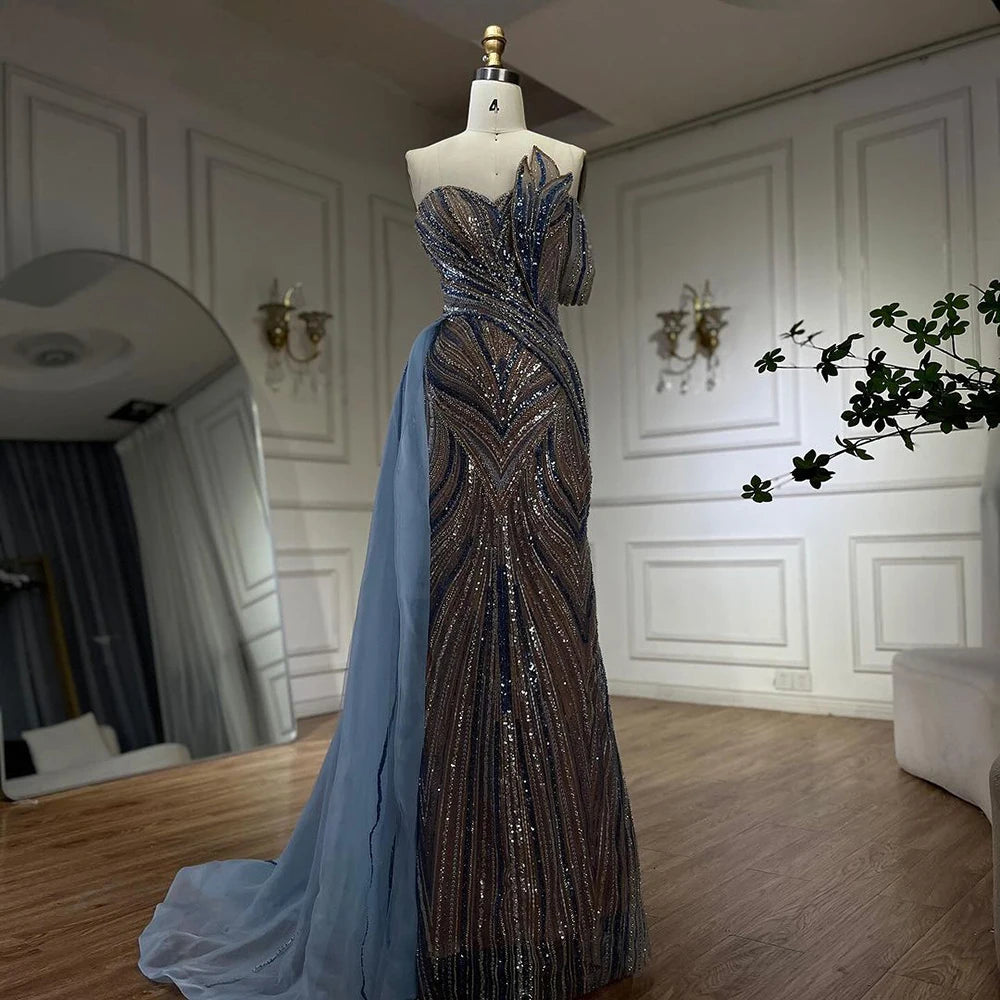 Elegant Arabic Blue One Shoulder Evening Gown with Beaded Side Overskirt - Luxury Dubai Style Women's Party Dress LA72662 for Prom, Gala & Special Occasions