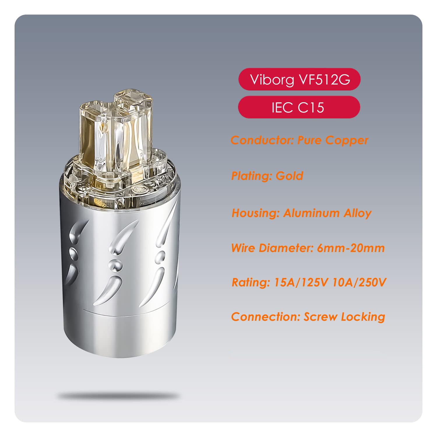 Premium Gold-Plated Pure Copper Non-Magnetic HiFi Power Plug Set (VM512G+VF512G) - US AC Mains Plug & IEC C15 Connector for Audiophile Power Cables | DIY Audio Equipment Upgrade for Home Theater & High-End Sound Systems