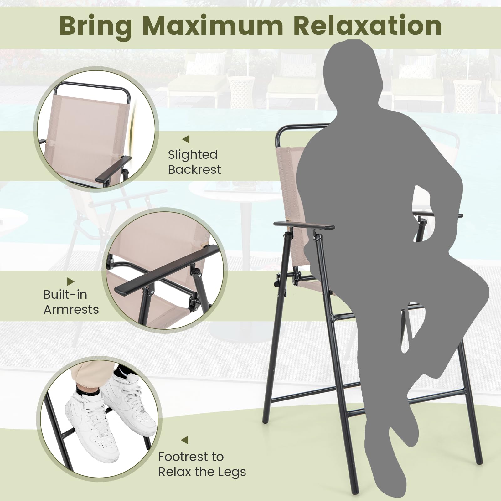 Giantex Outdoor Folding Bar Chair Set of 2 - Patio Bar Stools with Backrest, Armrests & Footrest - Heavy Duty 330 LBS Capacity Metal Frame Bar-Height Chairs for Backyard, Poolside, Balcony, Deck - Perfect for Outdoor Dining, Entertaining & Relaxation