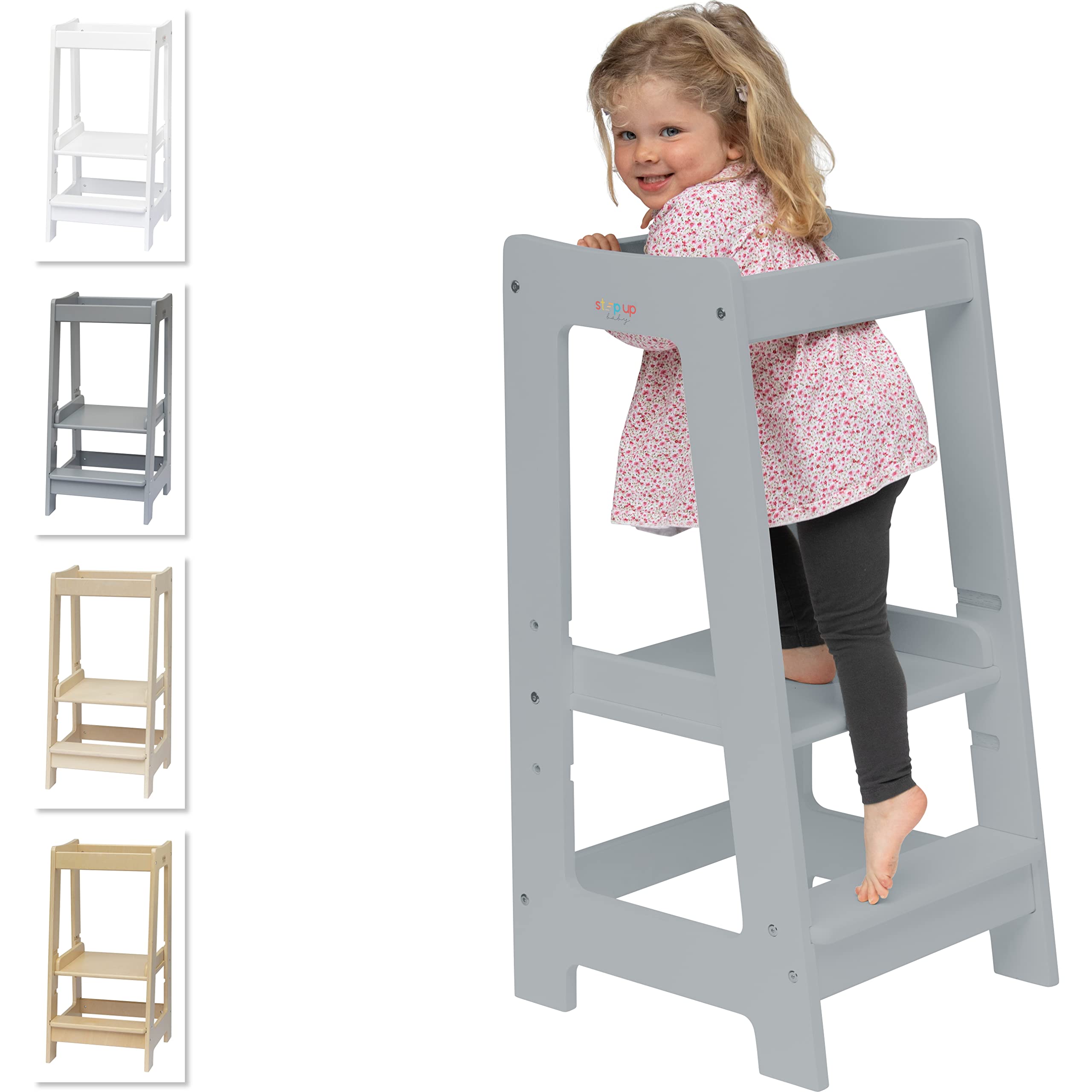 Montessori Toddler Step Stool with Safety Rail - Adjustable Kitchen Step Stool for Kids, Baby Learning Tower Helper (Grey) | Perfect for Cooking, Bathroom Sink & Independent Play