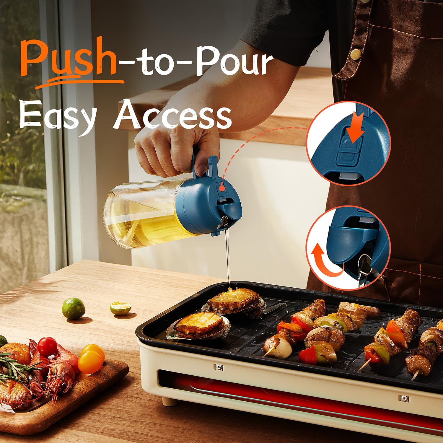 TrendPlain 16oz/470ml Olive Oil Sprayer Bottle - 2-in-1 Kitchen Oil Dispenser & Mister for Cooking, Air Fryer, Salad, BBQ - Premium Navy Blue - Perfect for Healthy Cooking, Baking, Grilling & Meal Prep