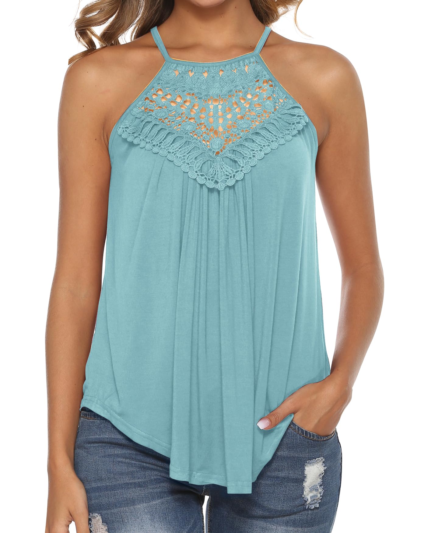 Bluetime Women's Summer Halter Spaghetti Strap Flowy Tank Top - Sleeveless Lace Cami Blouse for Beach, Vacation & Casual Outfits