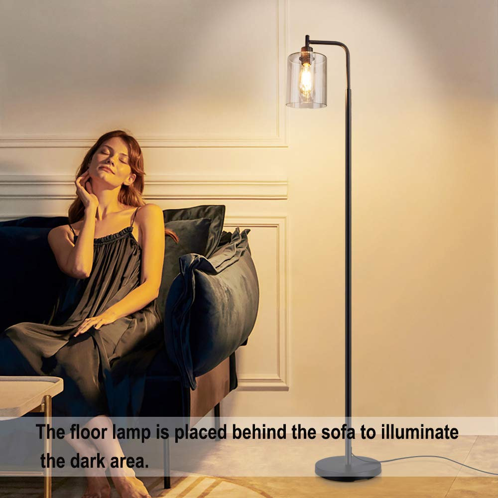 DLLT Industrial LED Floor Lamp with Clear Glass Shade - Tall Standing Light for Bedroom, Living Room & Office - Adjustable Reading Light with E26 Socket - Modern Black Pole Light for Home Decor & Workspace Lighting