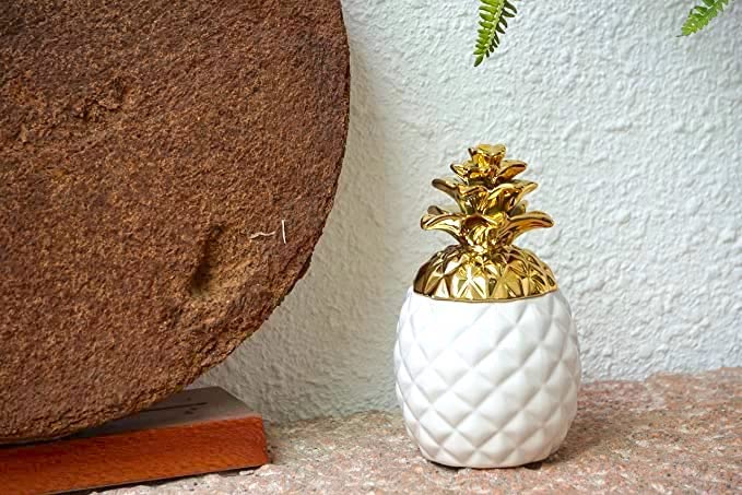 Vibrant Ceramic Pineapple Candy Jar with Lid - Handcrafted Food Storage Container, Aqua Gloss Finish & Gold Metallic Crown - Perfect for Kitchen Countertop, Party Decor, or Gift Giving (White)