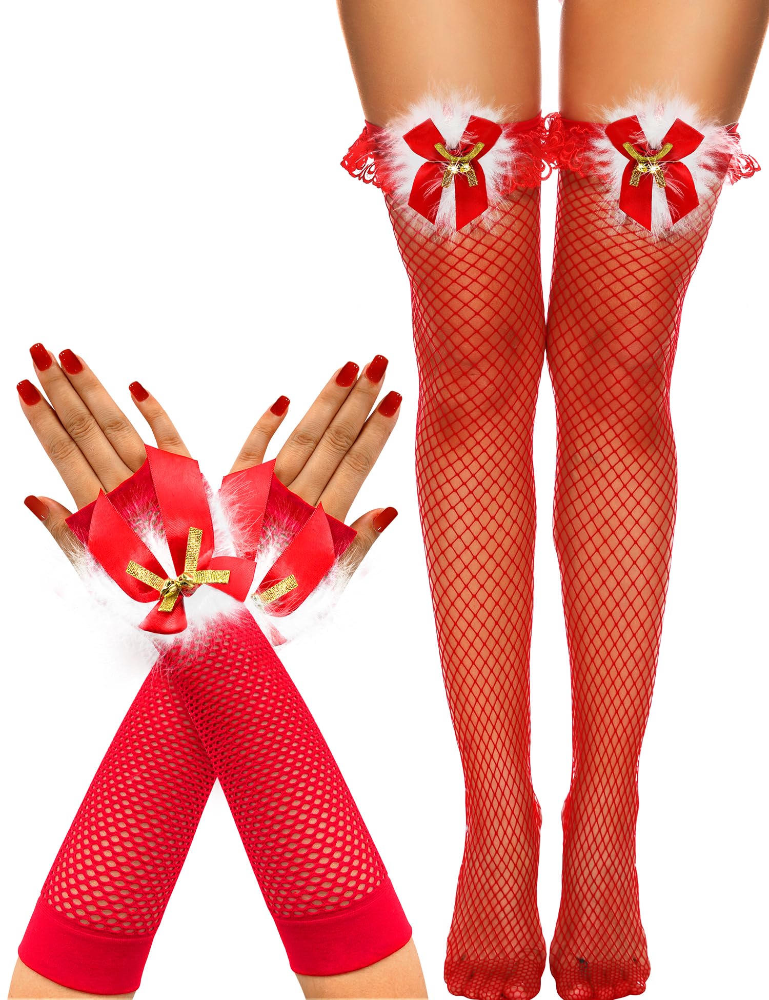 RSLOVE Women's Sexy Christmas Fishnet Thigh High Stockings & Santa Fingerless Gloves Set with Bell - Red Holiday Costume Accessories for Xmas Party, Cosplay, and Festive Outfits
