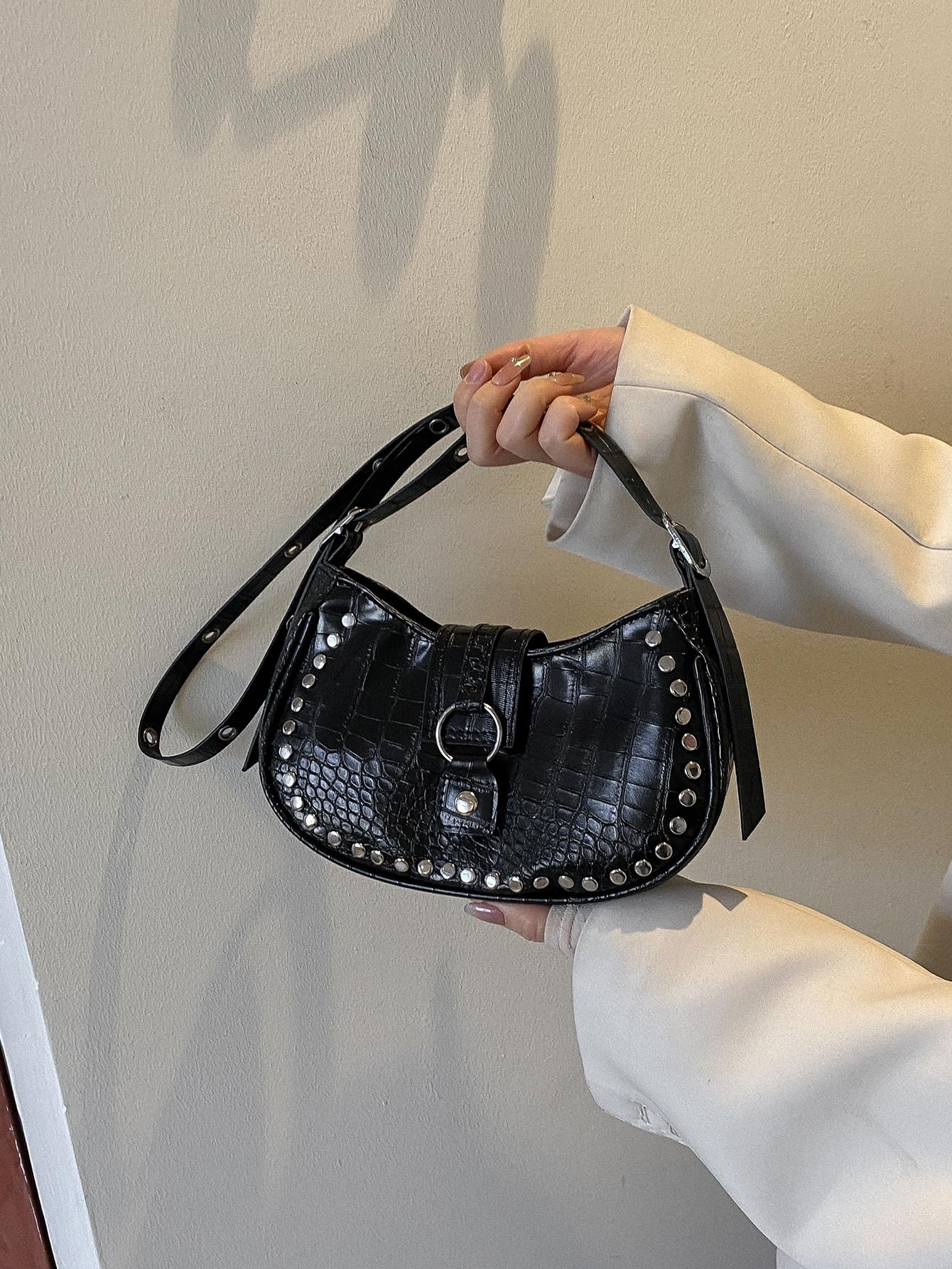 Verdusa Women's Crocodile Leather Studded Shoulder Bag - Stylish Underarm Satchel Handbag for Work, Travel & Evening Out