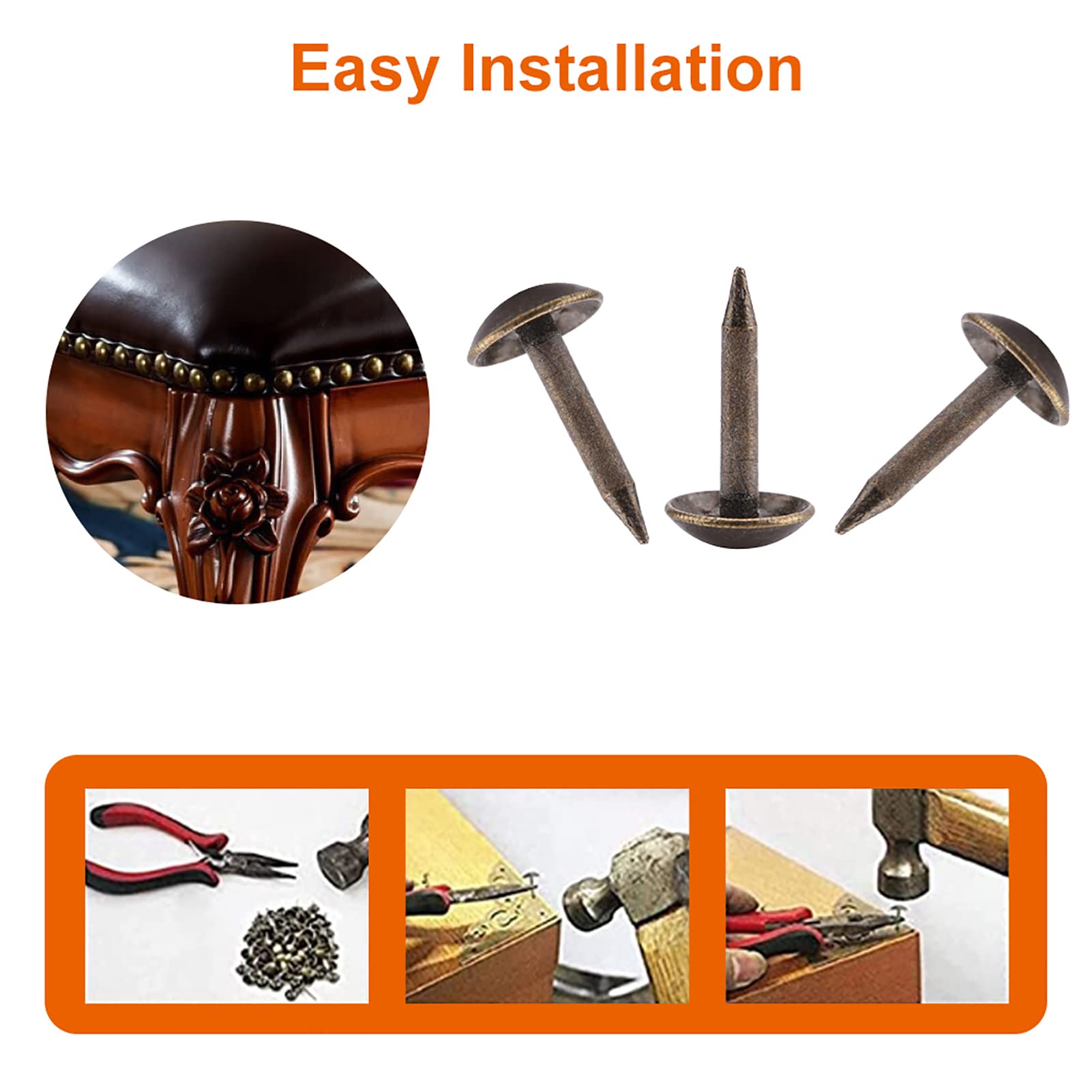 AYNEFY 100Pcs Round Domed Upholstery Nails - 6x12mm Thickened Iron Tacks for Furniture, Sofa, Headboard & Wood Door Repair - Decorative Push Pins for DIY Upholstery Projects & Home Improvement