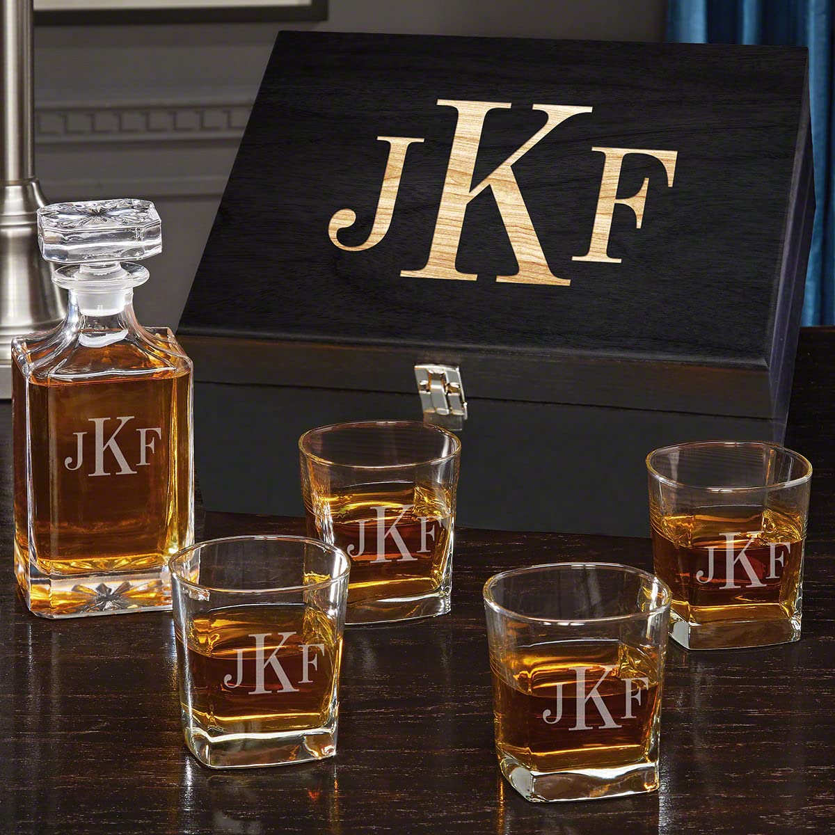 Personalized Classic Monogram Engraved Carson Whiskey Decanter Gift Set - Premium Glass Liquor Decanter with 2 Matching Glasses - Perfect for Anniversary, Wedding & Housewarming Gifts