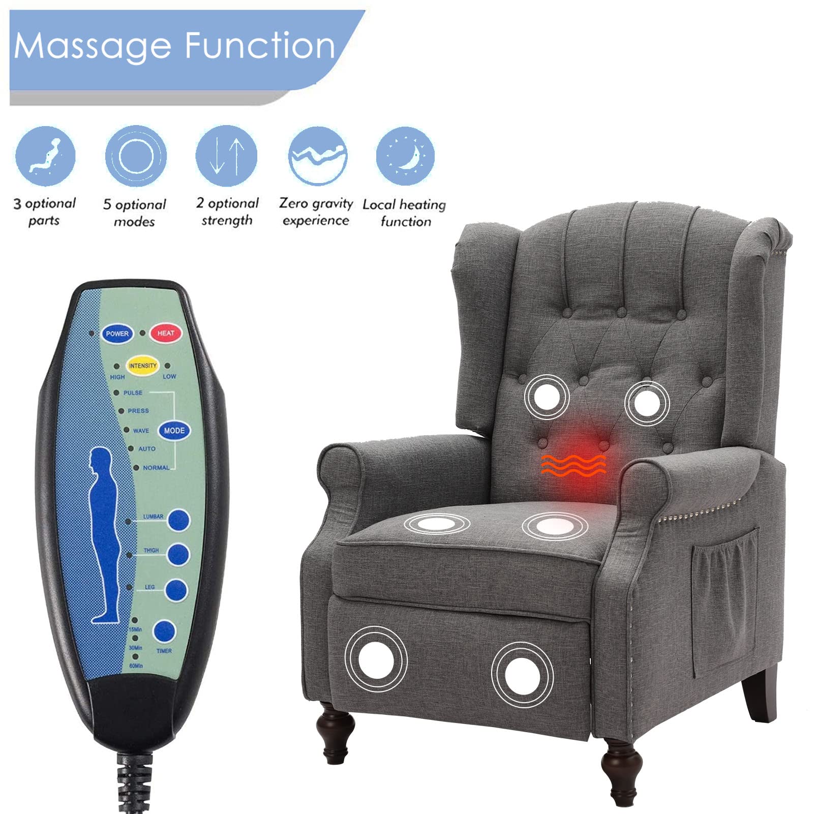 IPKIG Heated Massage Recliner Chair - Tufted Wingback Push Back Armchair with Side Pockets, Grey - Perfect for Living Room, Bedroom & Home Office Relaxation