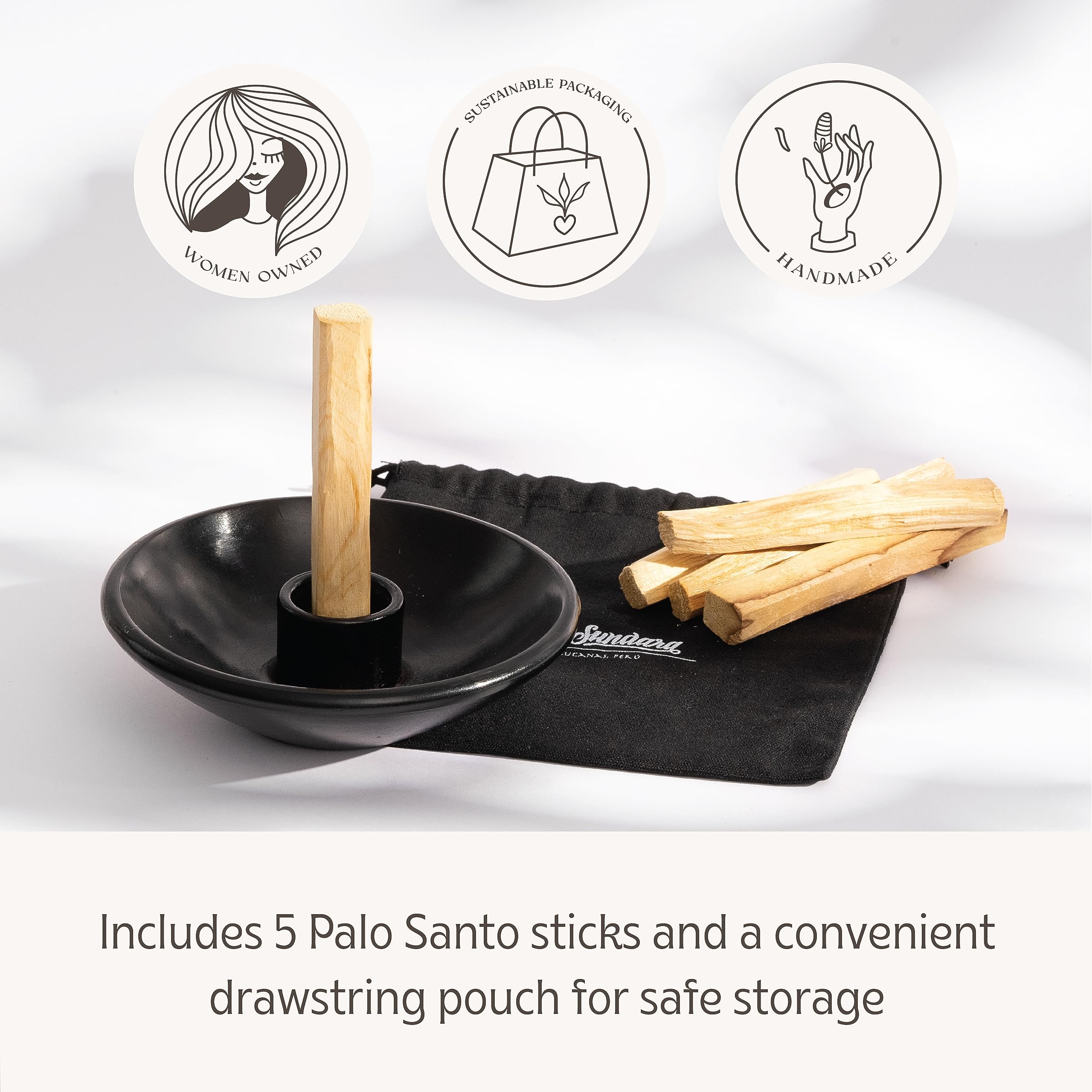 Authentic Handmade Peruvian Palo Santo Stick Holder & Incense Burner - Ceramic Smudge Bowl for Sage, Palo Santo & Incense (Black) - Perfect for Meditation, Yoga, Aromatherapy & Spiritual Cleansing Rituals