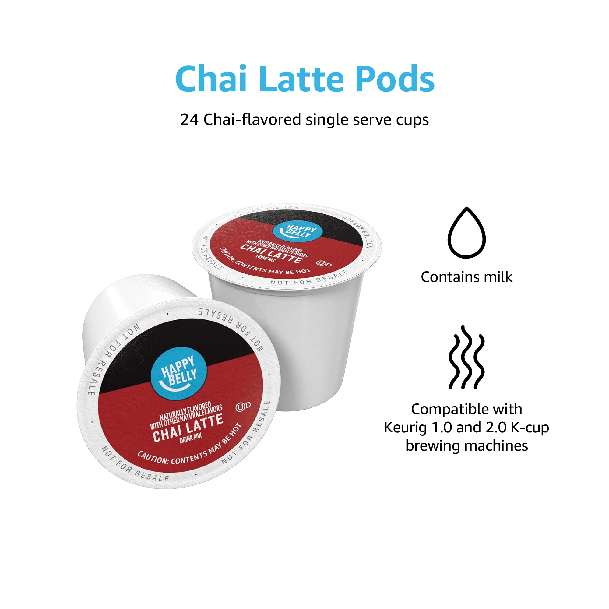 Happy Belly Chai Latte Tea Pods - 24 Count, Compatible with Keurig 2.0 K-Cup Brewers | Single Pack | Perfect for Morning Energy & Afternoon Relaxation at Home or Office