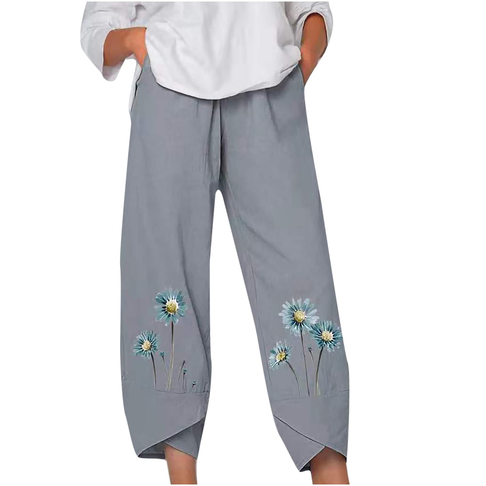 Women's Comfy Harem Pants - Floral Daisy Print Wide Leg Lounge Palazzo Jogger Pants with Pockets | Stretchy Yoga Travel Pants for Casual Wear, Home Relaxation & Summer Outfits