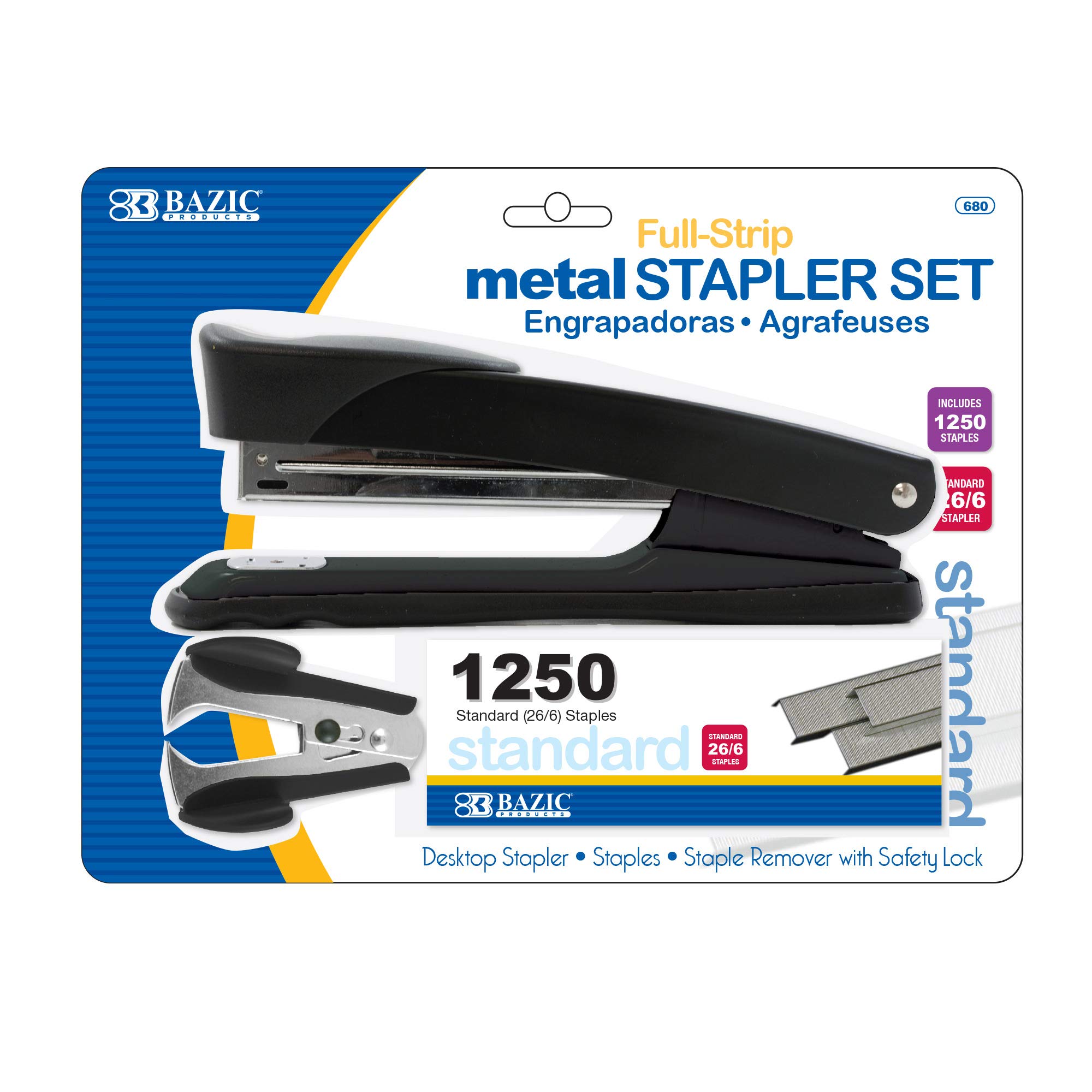 BAZIC Heavy Duty Metal Desktop Stapler with Staple Remover & 1250 Staples (26/6), 12-Pack - Standard Office Stapler with Safety Lock for Paper, Documents, School & Office Supplies