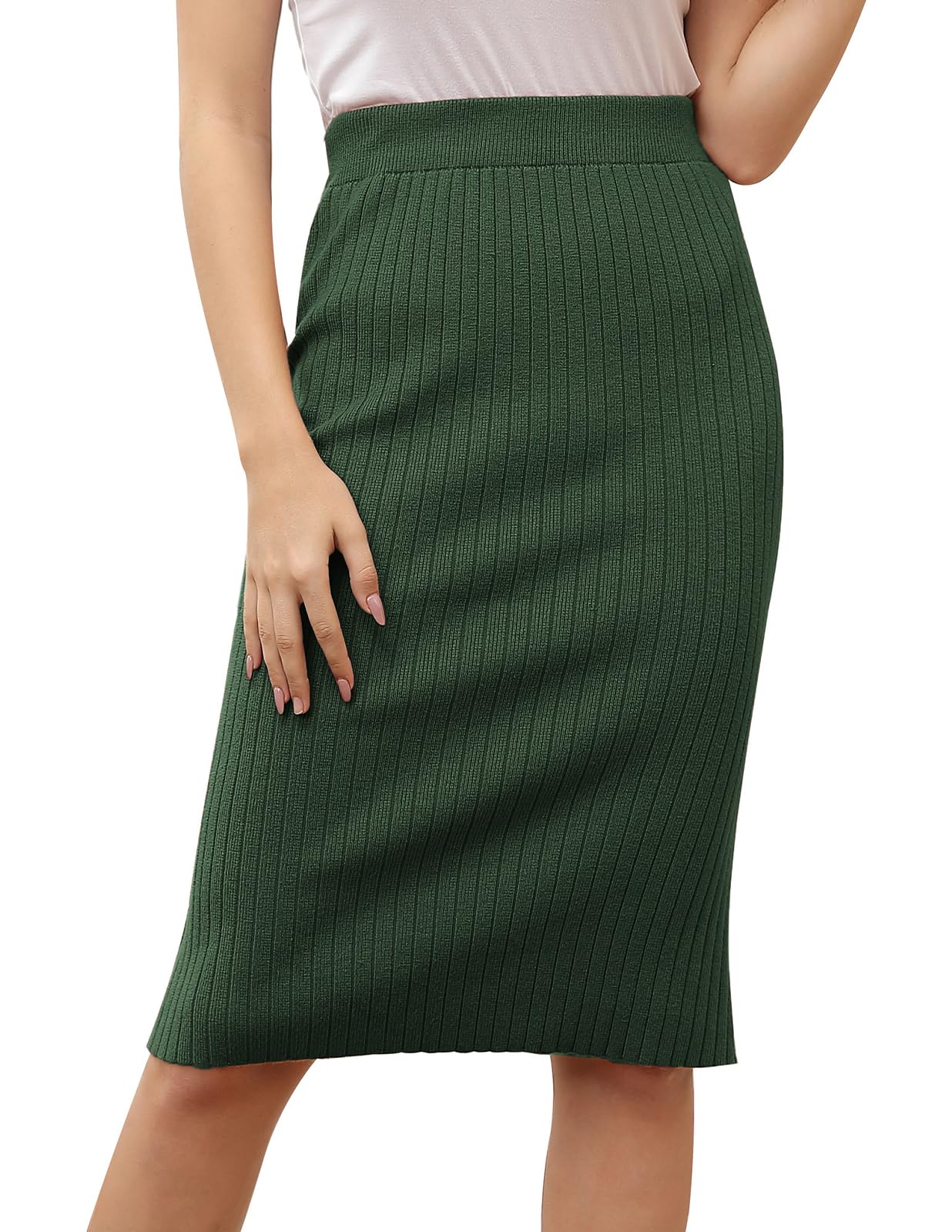 Kate Kasin Women's Knee Length Stretchy Ribbed Skirt - Office Work Pencil Skirt with Hips-Wrapped Design for Business Casual & Professional Outfits