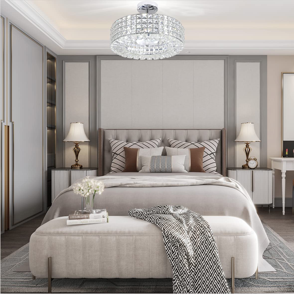 Modern Crystal Semi Flush Mount Ceiling Light Fixture - 5-Light Design with G9 Bulb for Hallway, Kitchen, Dining Room & Living Room - Elegant Home Lighting for Entryways and Open Concept Spaces