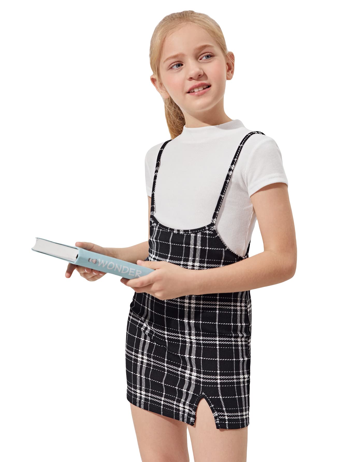 Milumia Girls Casual Plaid Split Hem Spaghetti Strap Short Pinafore Jumper Dress - Perfect for School, Playdates & Summer Outfits