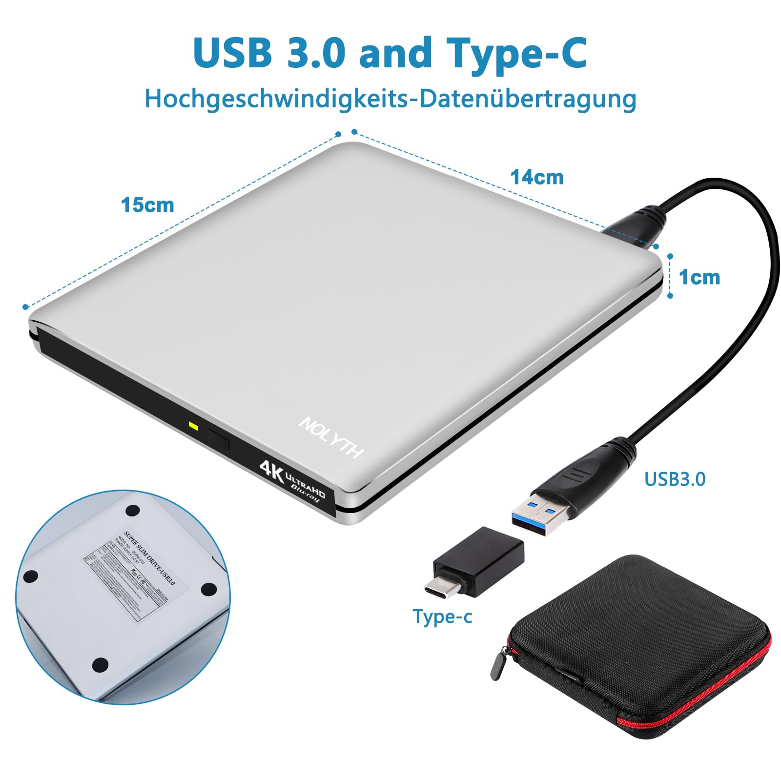 External USB 3.1 UHD 4K Blu-ray Burner Drive - Slim Portable BD/DVD/CD Writer with M-DISC & BDXL Support (Up to 100GB) - Compatible with Laptops, PCs & Mac - Perfect for Home Theater, Media Backup & Entertainment