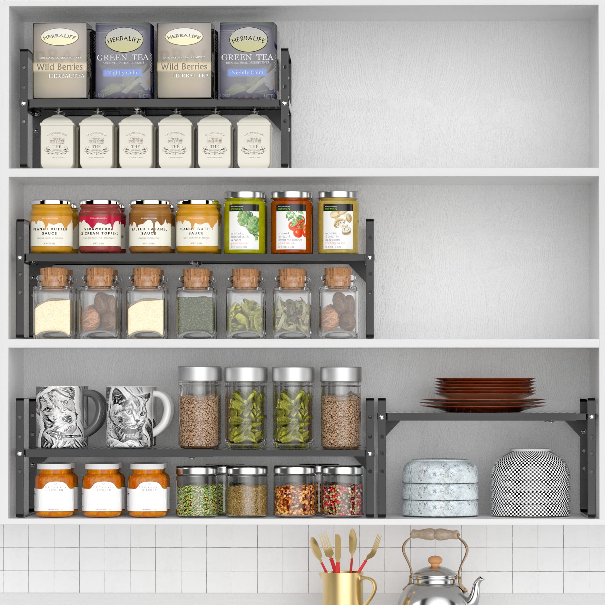 Expandable Kitchen Cabinet Shelf Organizer - Stackable Metal Pantry Storage Shelves - Adjustable Counter Shelf Organizer Rack for Kitchen Cabinets, Cupboard, Countertop & Closet (Black) - Perfect for Small Space Organization & Kitchen Storage Solutions