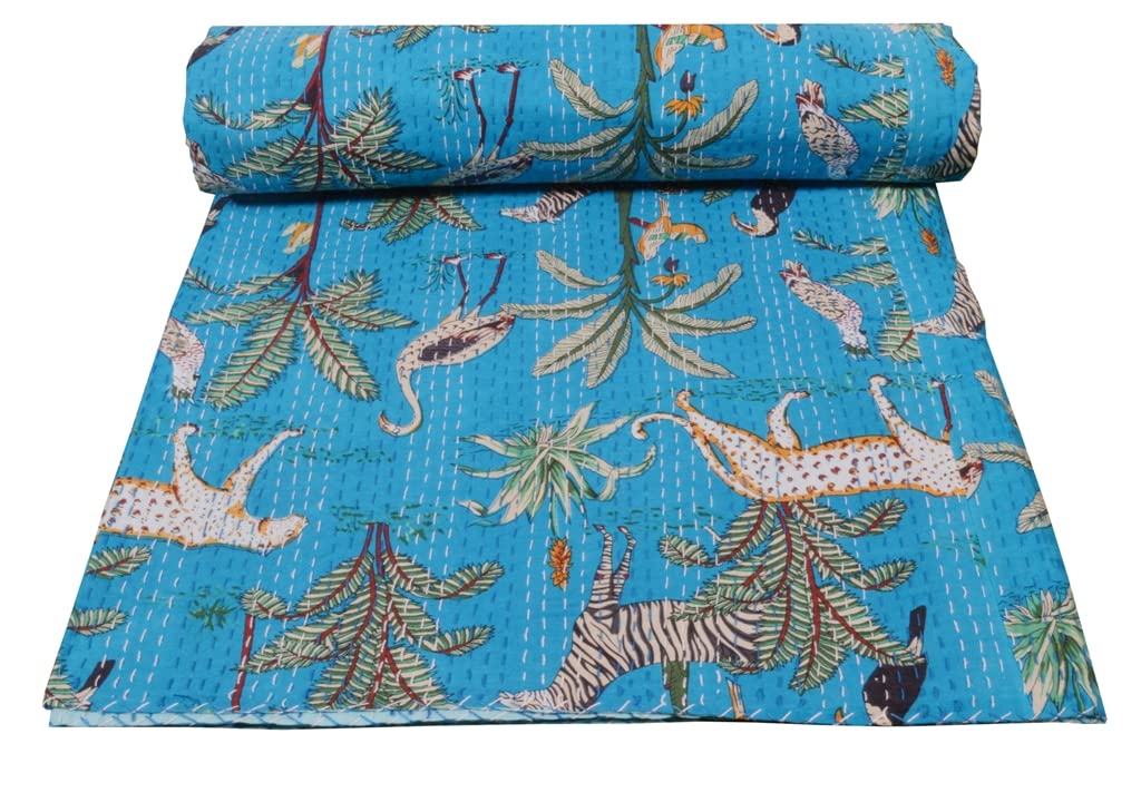 Vintage Indian Floral & Animal Print Kantha Quilt - Reversible Cotton Bedspread for Twin/Queen/King Size - Handmade Gudari Blanket (King, Turquoise) - Perfect for Boho Bedroom Decor & Cozy Home Styling