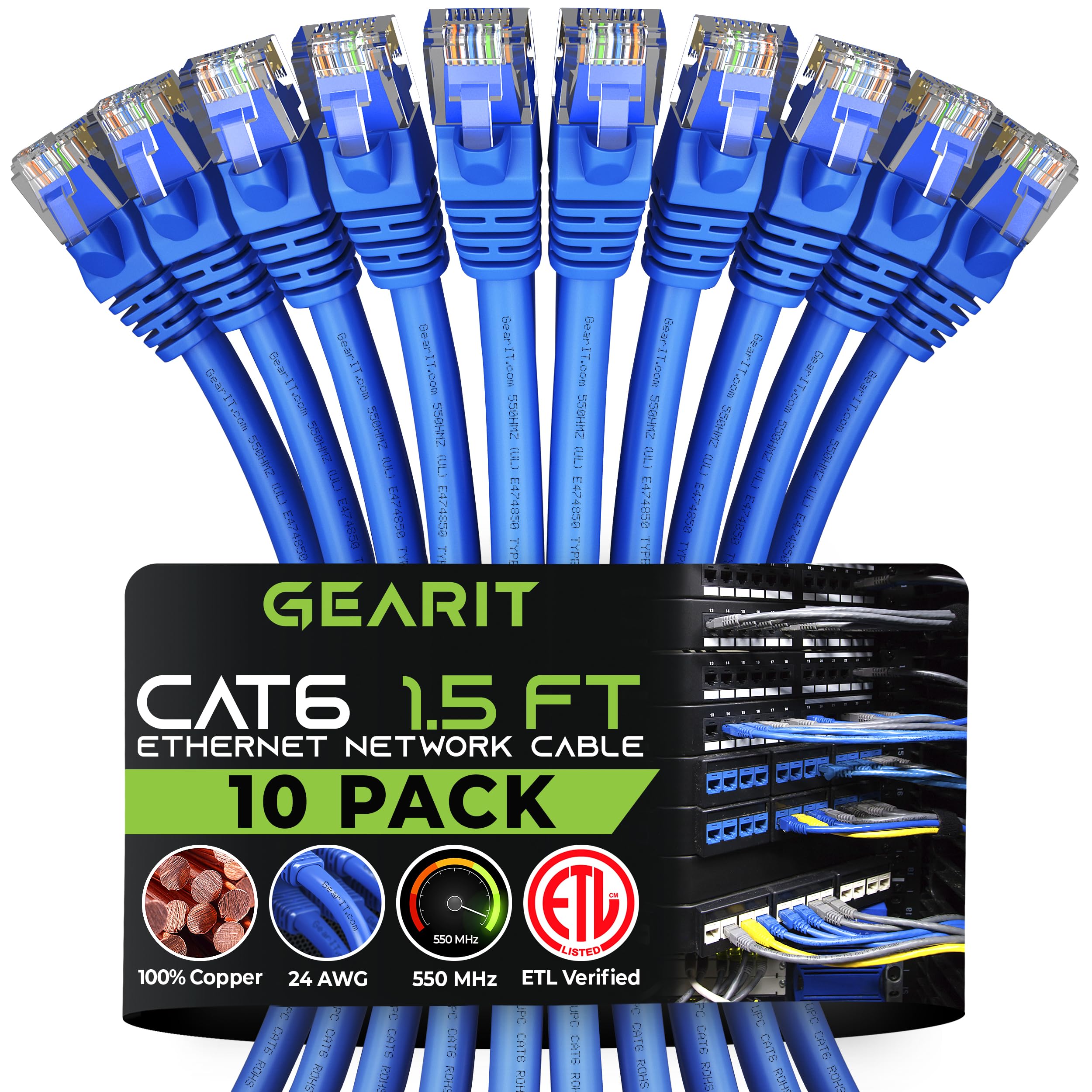GearIT Cat6 Ethernet Cable 10-Pack (1.5ft/18-Inch) - High-Speed Cat6 Patch Cable, RJ45 Network Cable for Gaming, Streaming & Office - Blue - Perfect for Home, Office & Data Center Connectivity