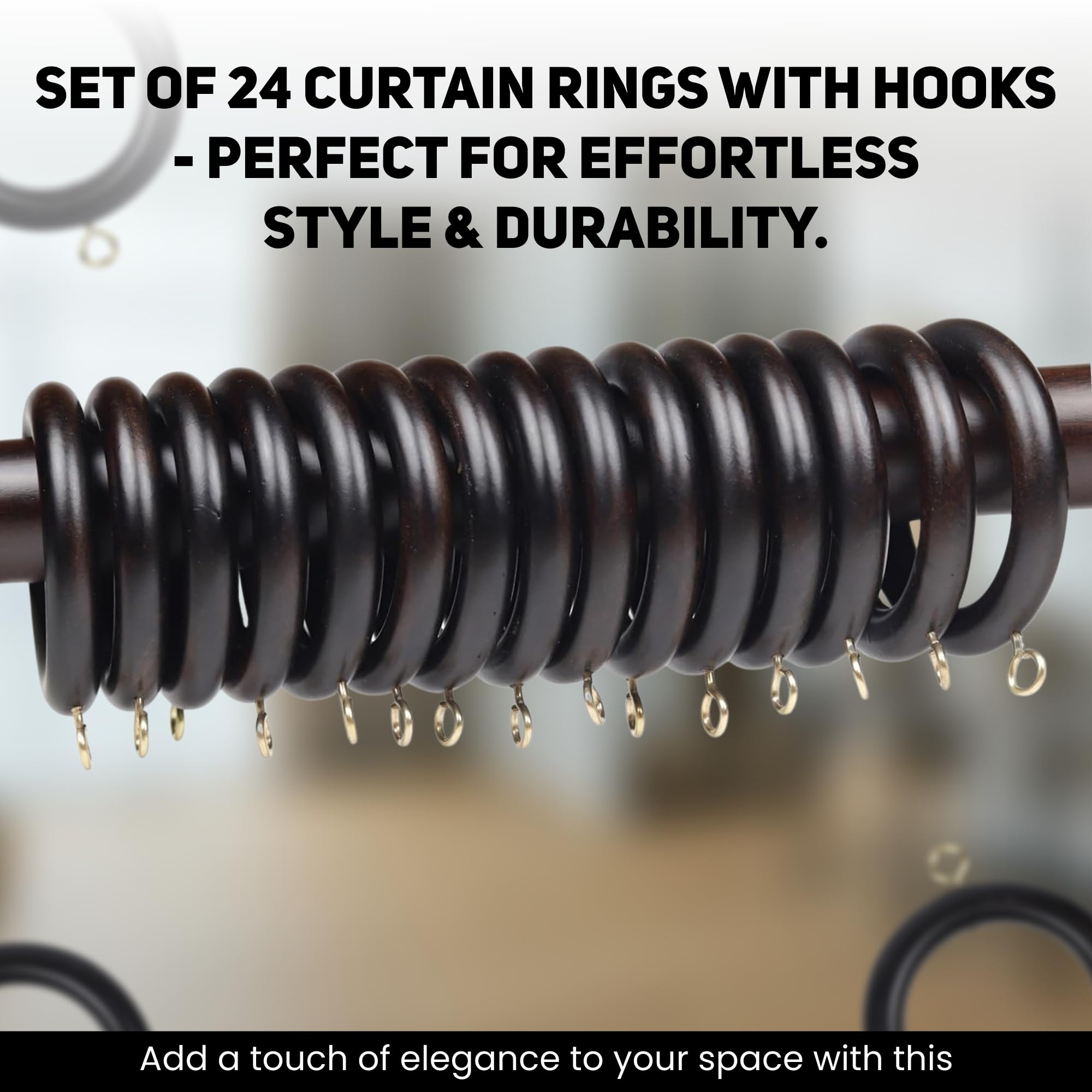 Handmade Wooden Curtain Rings for 1-25 Inch Rods - 2.7 Inch Inner Diameter - Pack of 24 - Black - Perfect for Drapes, Sheers & Valances - Elegant Home Window Decor