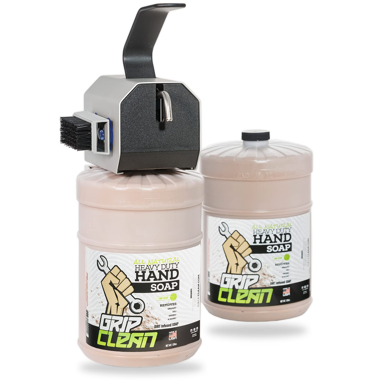Grip Clean 4 Pack Combo - Heavy Duty Pumice Hand Soap for Mechanics with Wall Mount Dispenser | 2 Gallons Natural Clay & Coconut Oil Hand Cleaner | Ideal for Auto Shops, Industrial Work & Garage Use