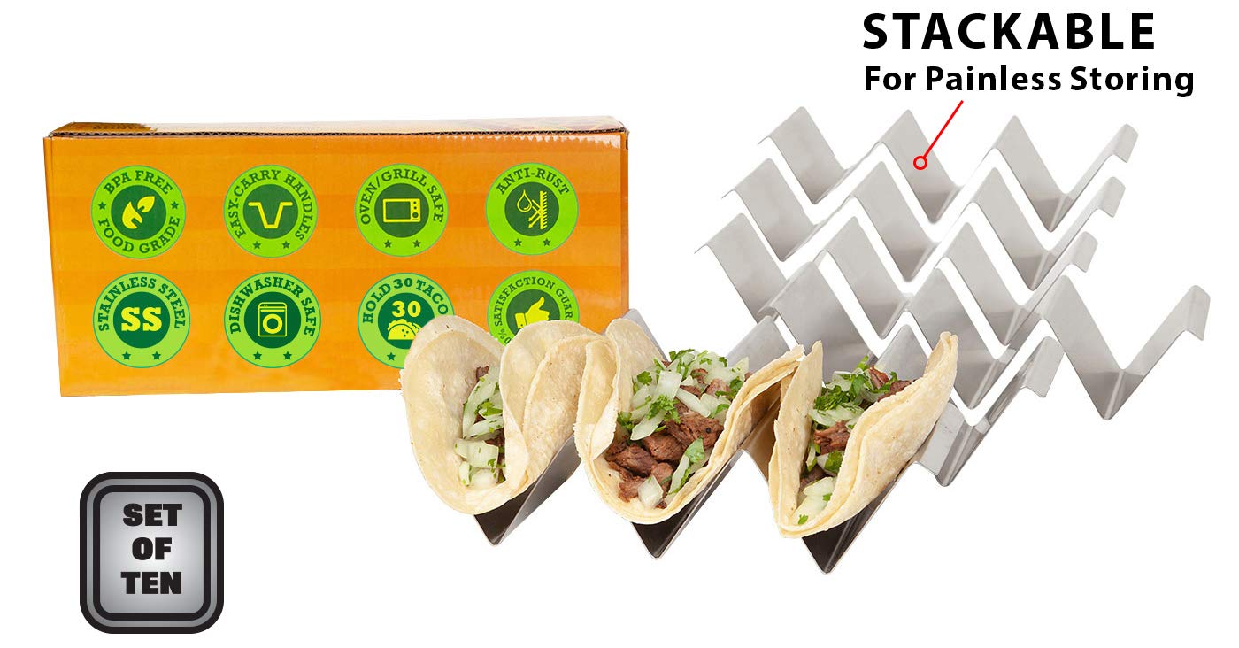 Stainless Steel Taco Holder Stand Set of 10 - Oven & Grill Safe Taco Racks with Handles for Easy Filling & Serving - Perfect for Taco Parties, BBQs & Mexican Food Nights - Fiesta Kitchen Taco Trays